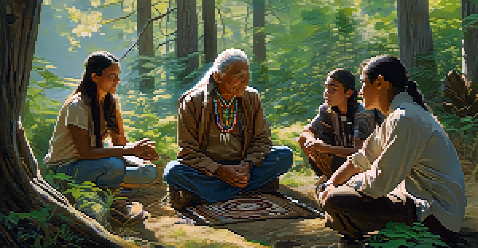 A Native American elder sharing knowledge with young people in a natural setting, surrounded by native plants and sunlight filtering through the trees.