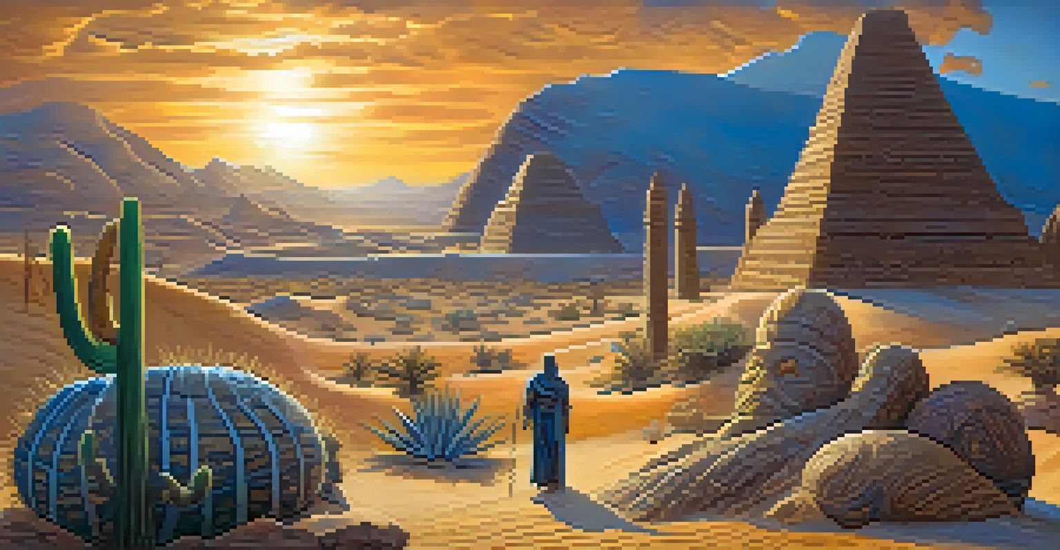 A mythical scene of a giant mummy surrounded by legendary giants in a mystical desert landscape with glowing symbols.