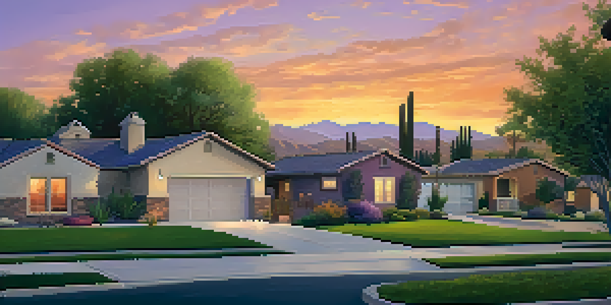 A peaceful suburban neighborhood in Arizona at sunset, featuring modern homes with large yards and a family enjoying time outdoors.