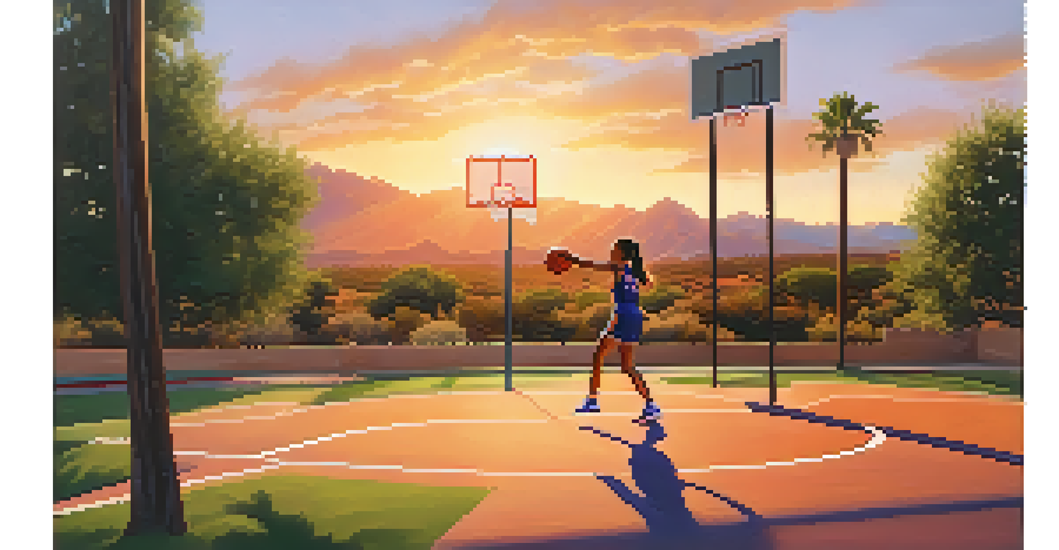 A young girl practicing basketball in a park, wearing a Phoenix Suns jersey, with mountains in the background during sunset.
