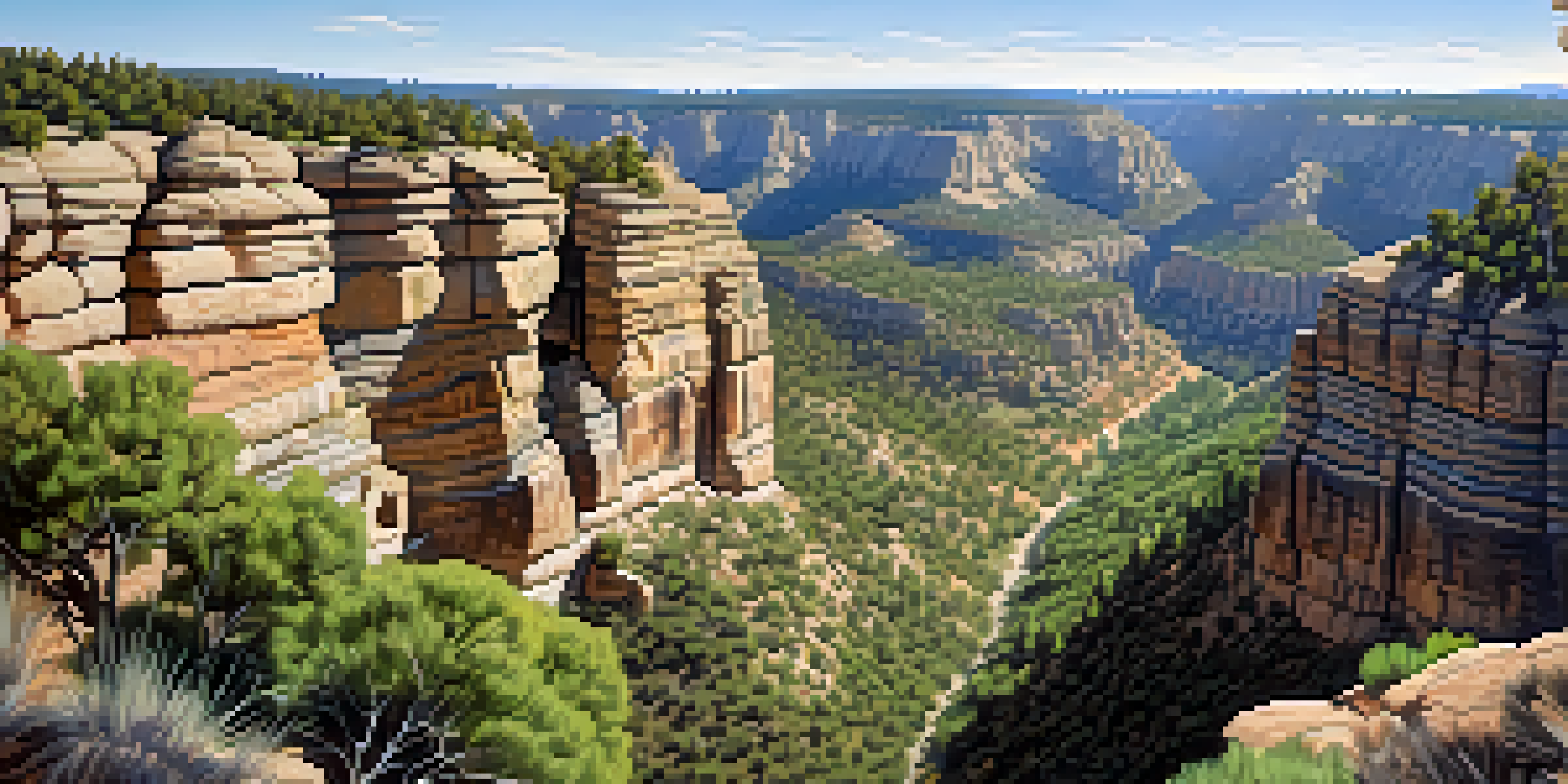 A panoramic view of a canyon with ancient cliff dwellings, surrounded by green trees and a blue sky.