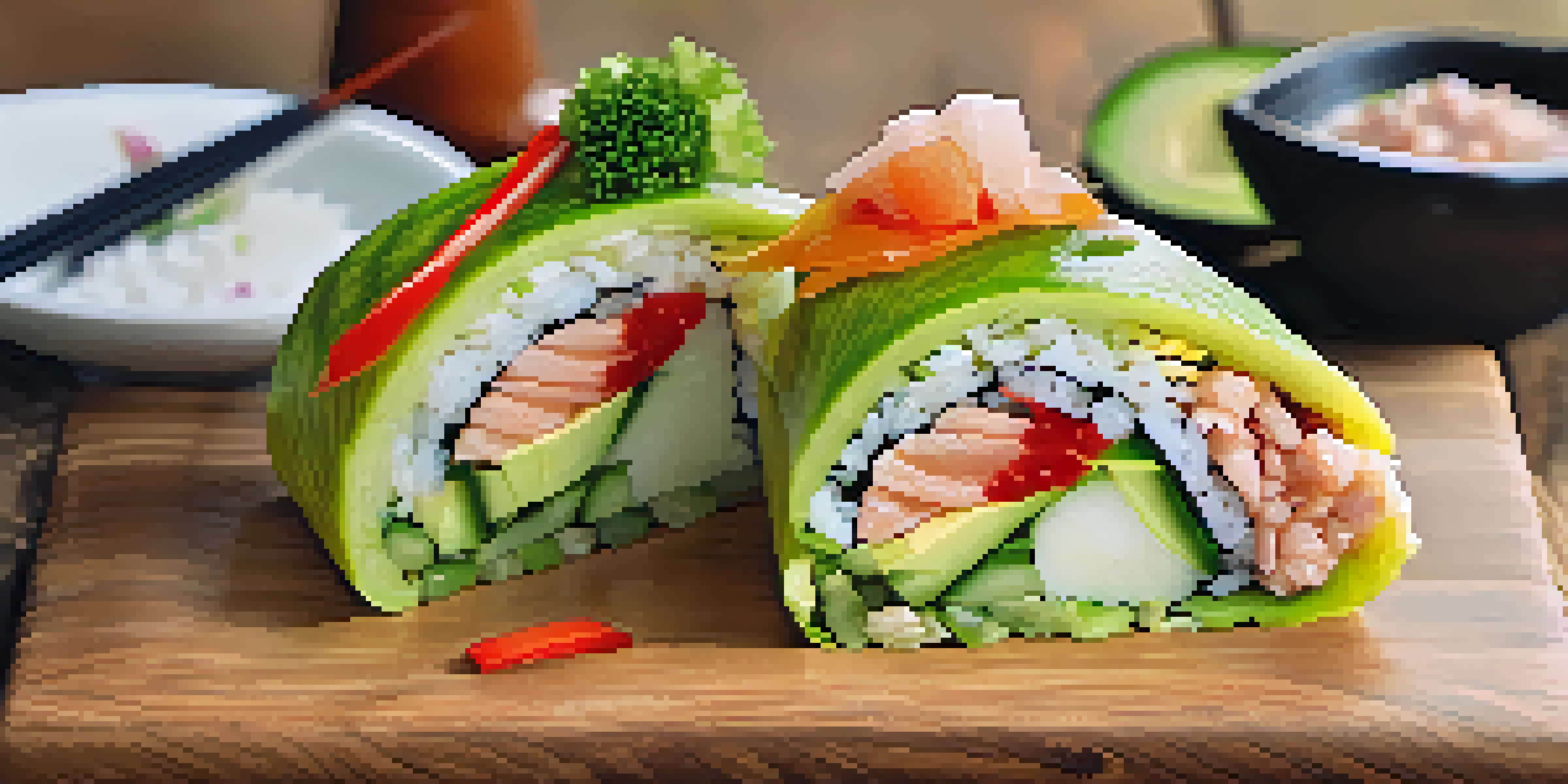 A sushi burrito cut in half, displaying colorful fresh ingredients, on a wooden table with wasabi and pickled ginger.