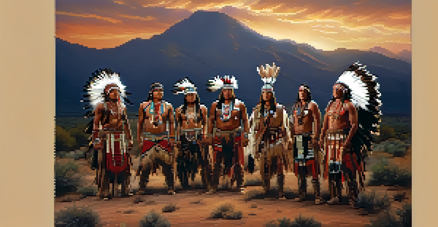 Native American tribe members in traditional attire standing in front of mountains, representing resilience against colonization.