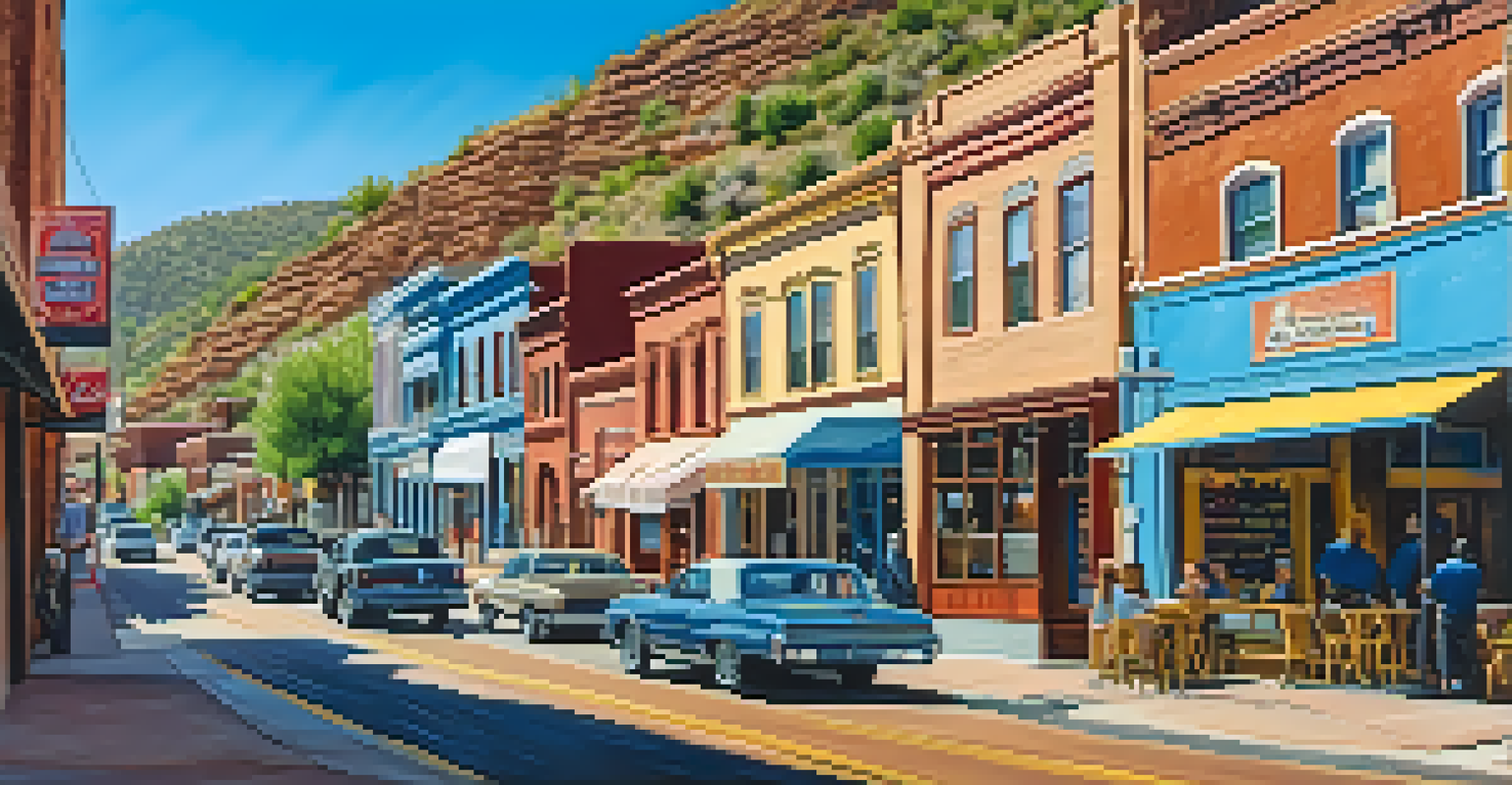 A vibrant historic downtown in Bisbee, Arizona, filled with restored buildings and local residents enjoying the day.