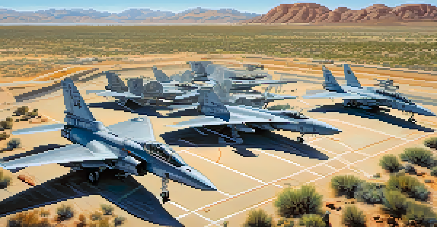An aerial view of an Arizona military base with fighter jets and desert landscape.