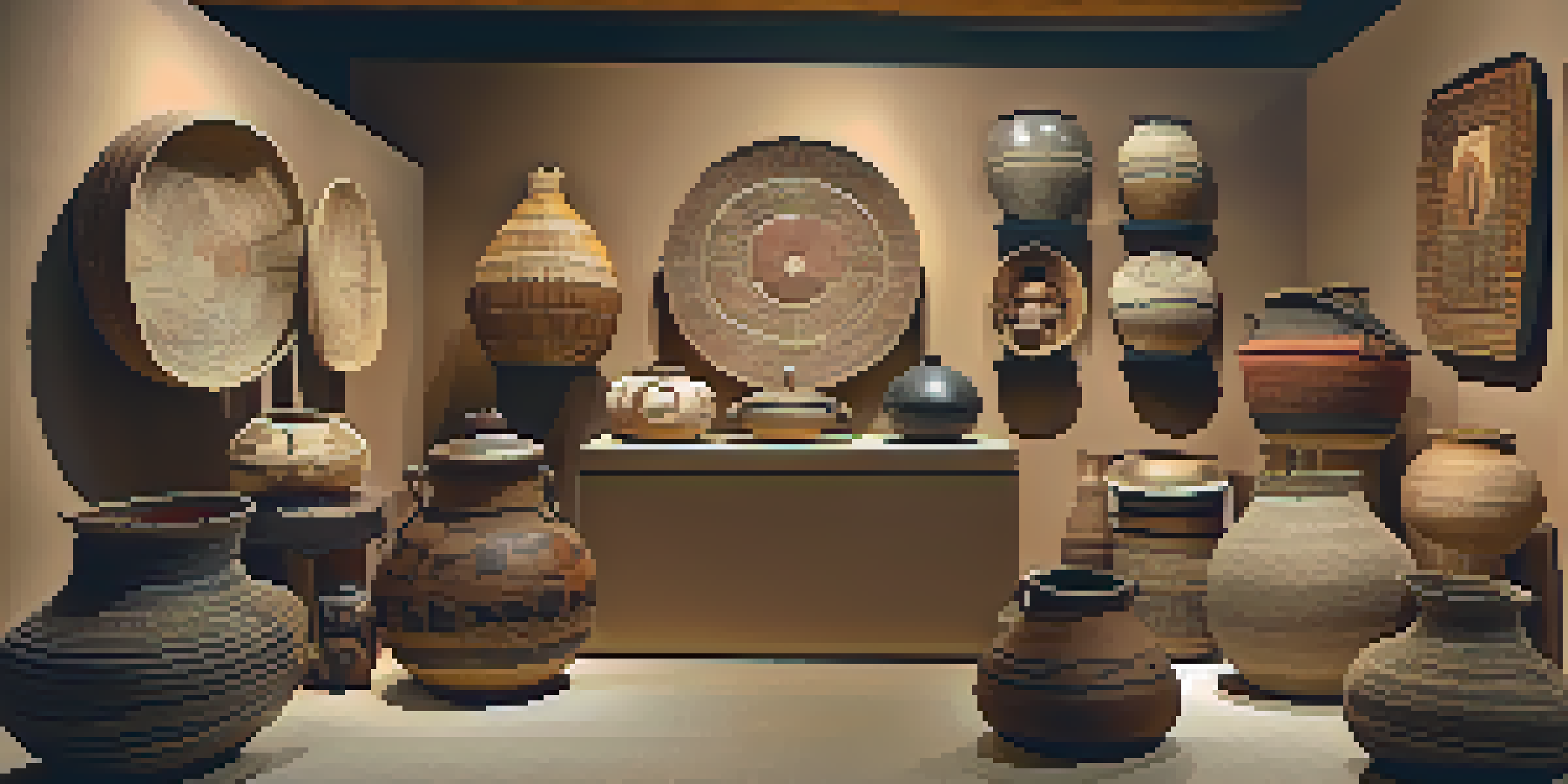 A museum display with various Native artifacts like woven baskets and pottery, illuminated with warm lighting.
