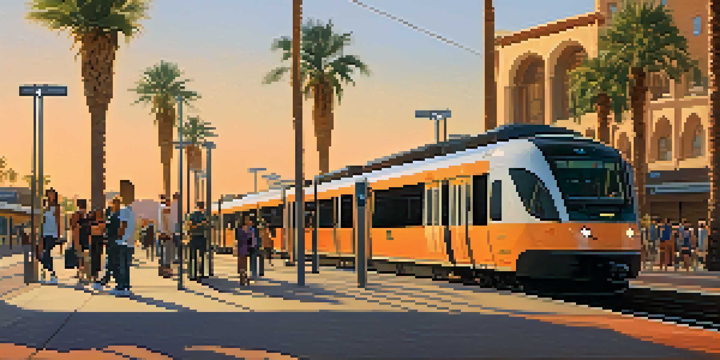 A busy light rail station in Phoenix at sunset with diverse commuters and a modern train.