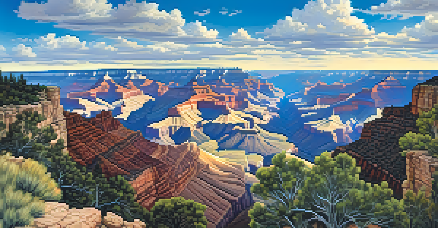 A wide-angle view of the Grand Canyon, showing various ecosystems and a clear blue sky.