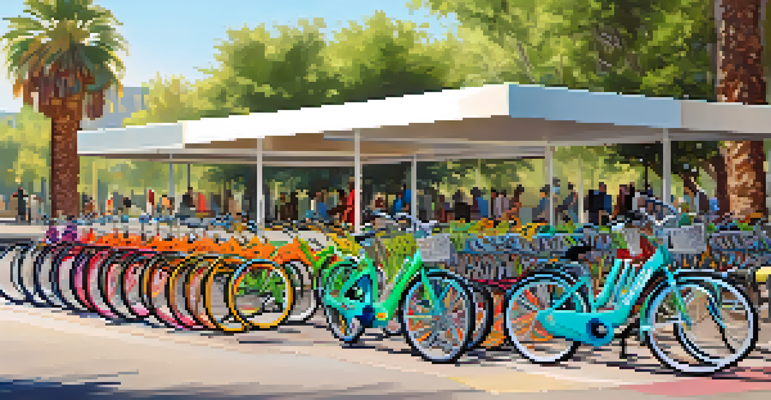 A bike-sharing station in Phoenix with colorful bikes and pedestrians in a sunny urban environment.