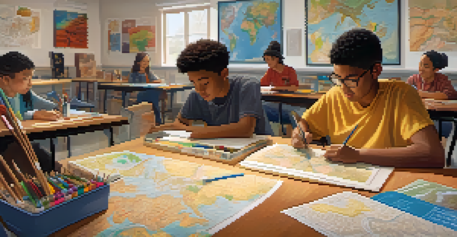 A classroom with diverse students collaborating on a project, surrounded by maps and cultural artifacts, under warm lighting.