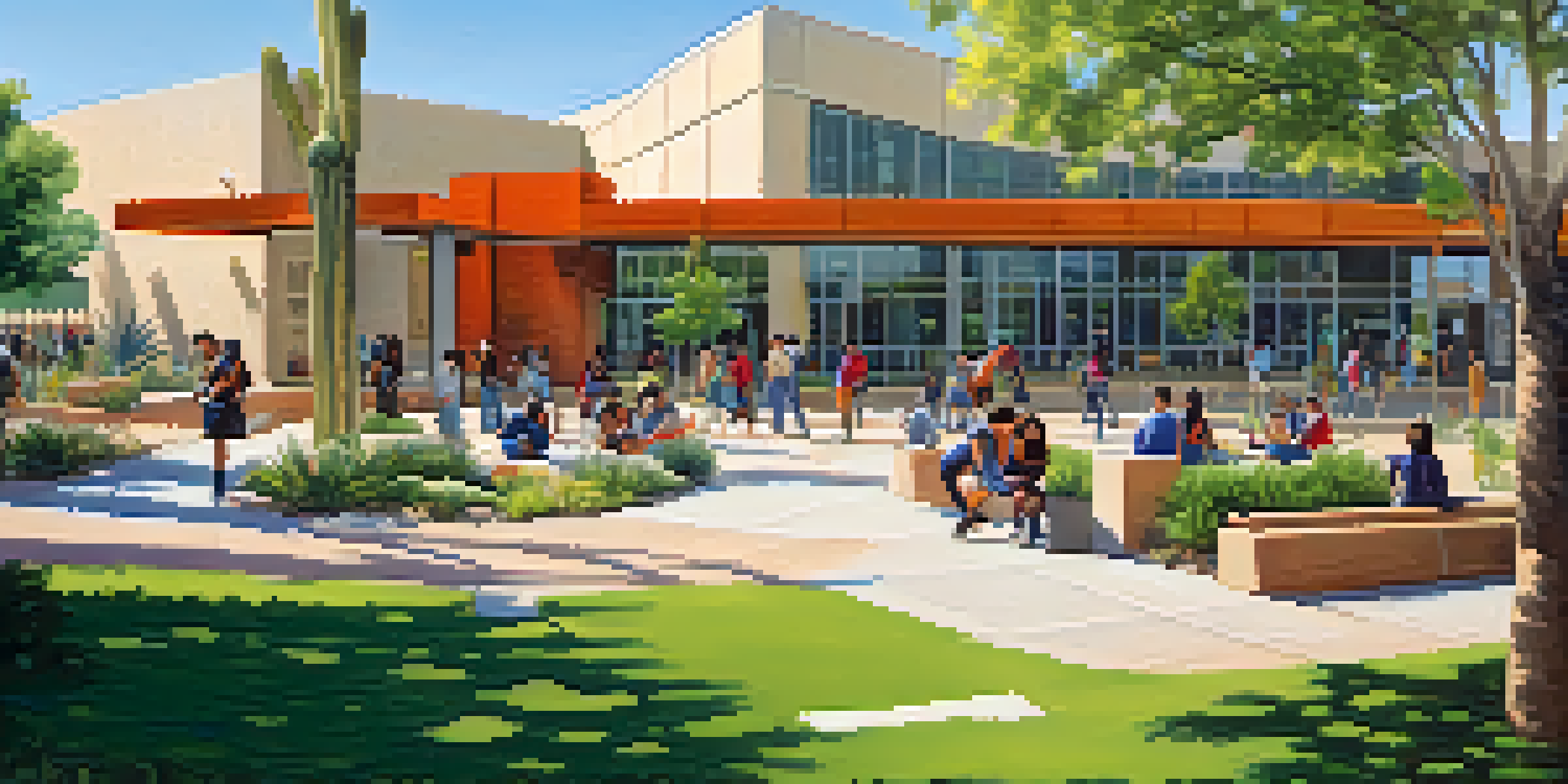 A sunny community college campus in Arizona with diverse students studying outdoors, colorful banners, and modern buildings.