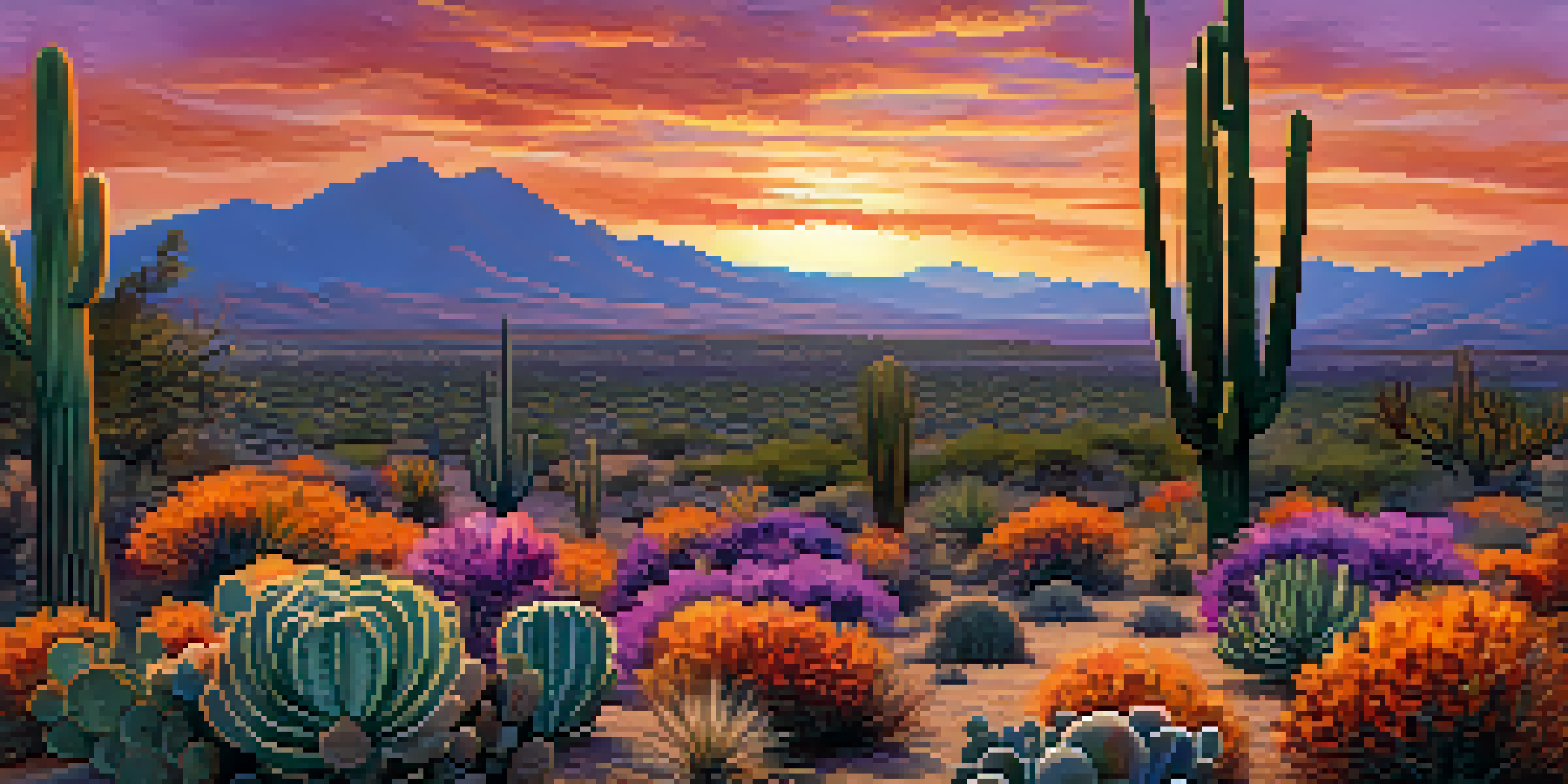 A beautiful sunset over the Sonoran Desert with cacti and mountains in the background.
