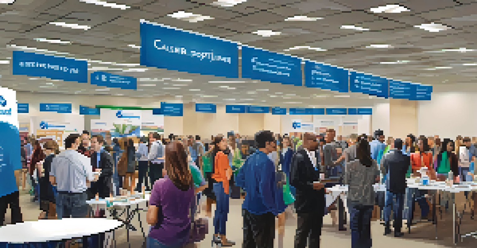 A lively community college career fair with employers and job seekers interacting and networking.
