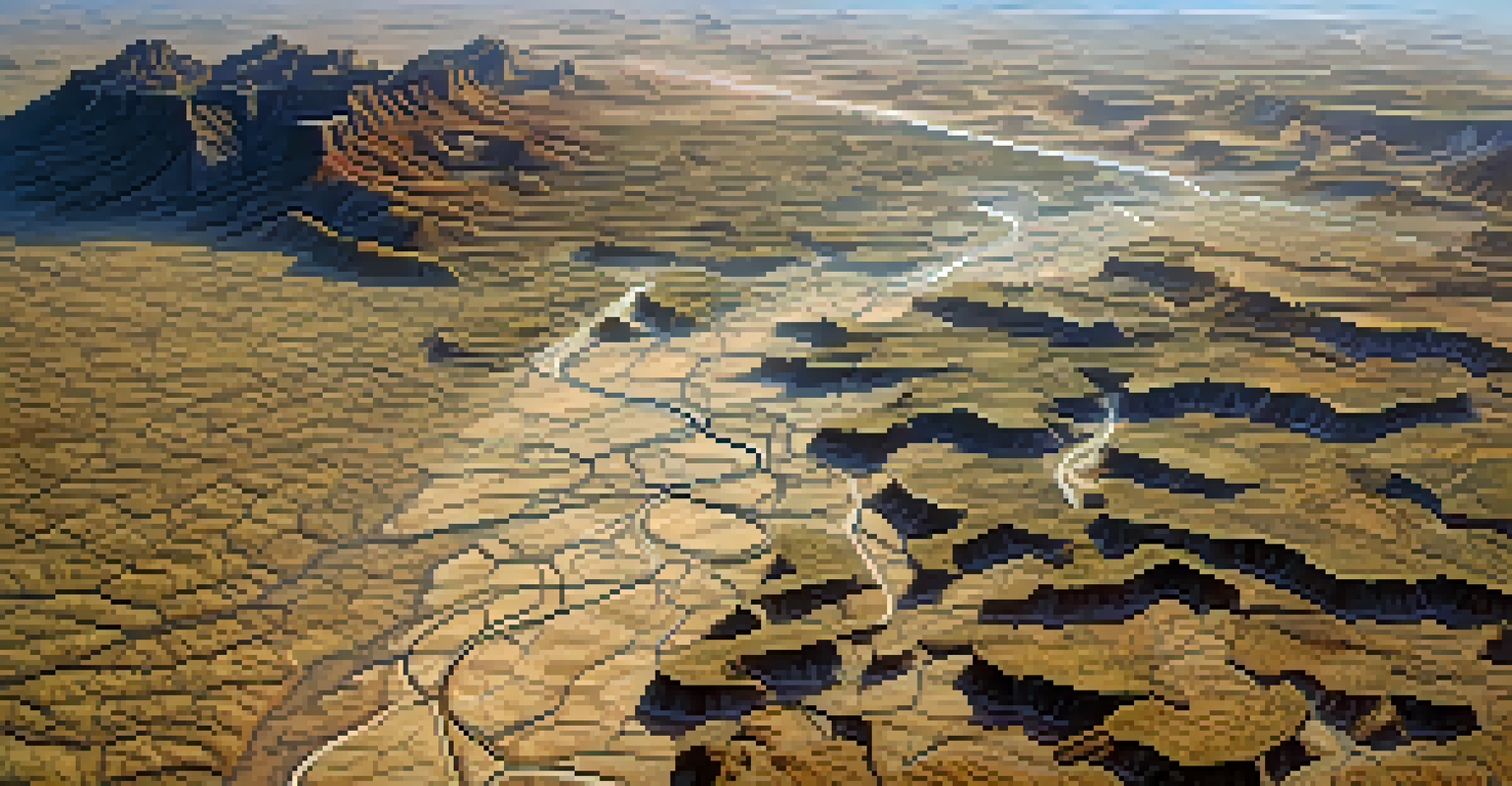 An aerial view of a remote desert area in Arizona, showcasing dry riverbeds and rugged terrain with visible off-road tracks.