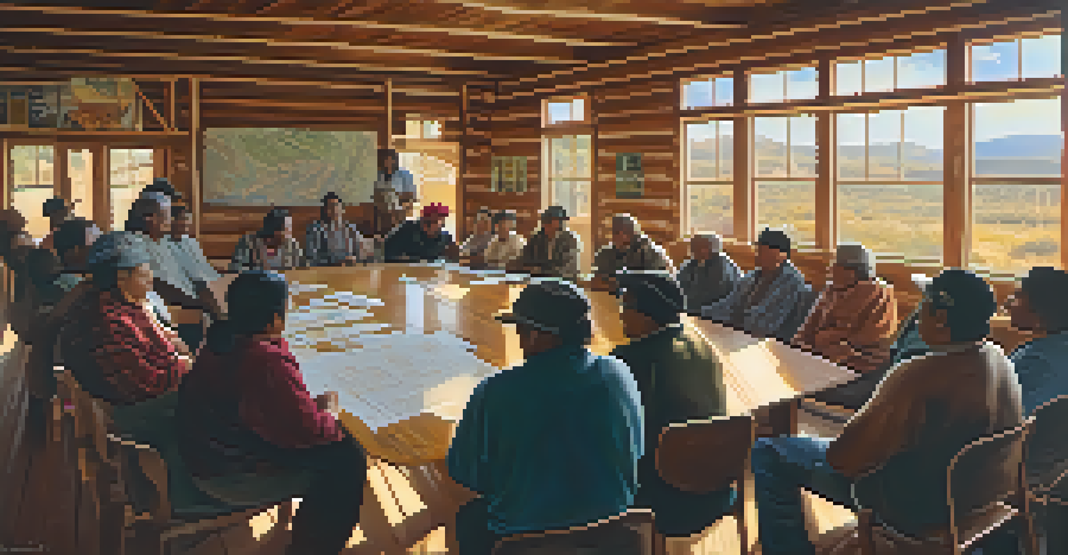 A community meeting with residents and Indigenous leaders discussing mining impacts, featuring charts and maps in a warm-lit hall.