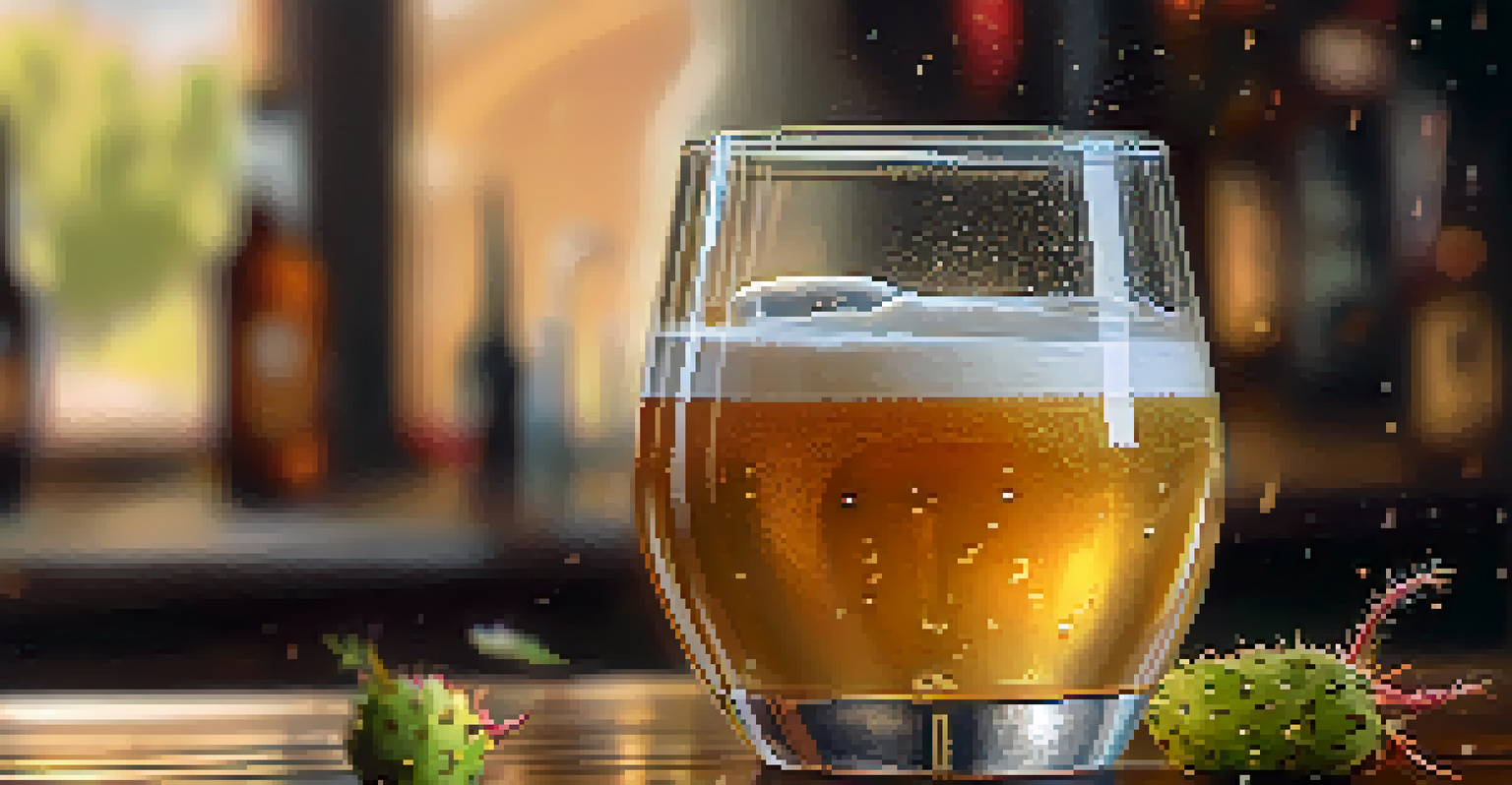 A close-up of a golden IPA beer glass with condensation, surrounded by fresh ingredients like prickly pear and hops on a wooden bar.