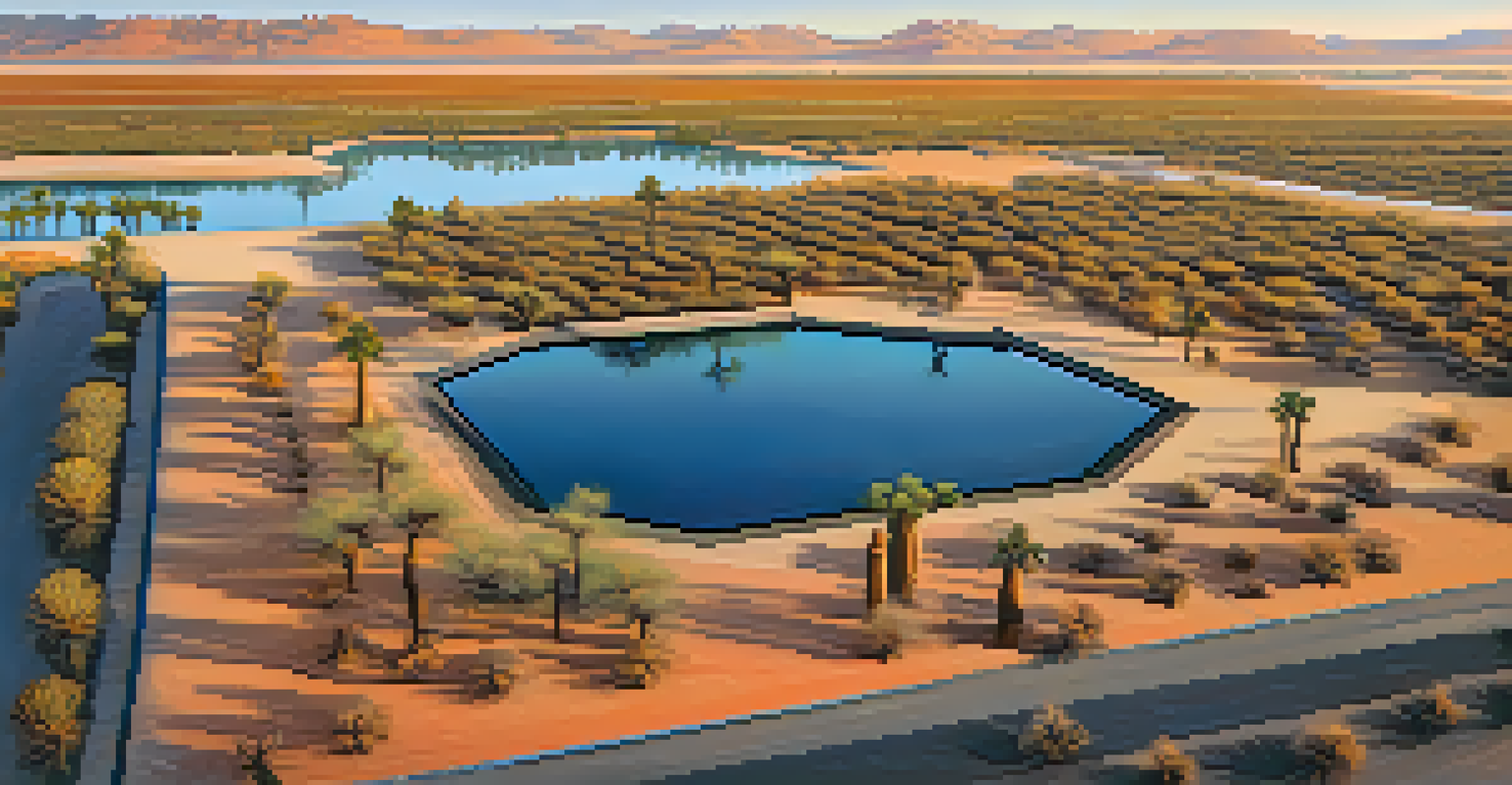 An aerial view of a geometric artificial recharge pond surrounded by desert plants in Arizona at sunrise.