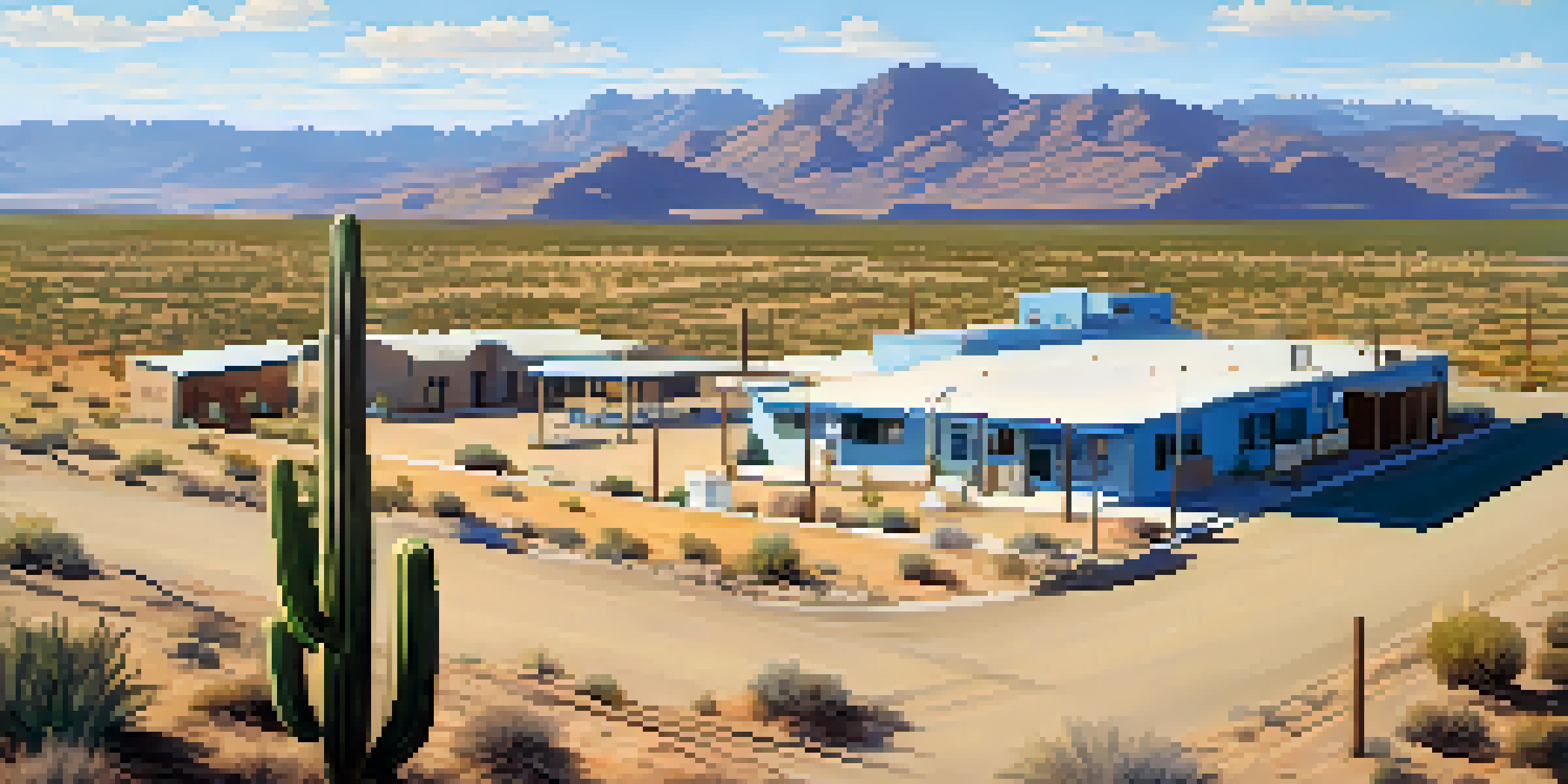 A panoramic view of rural Arizona with a small clinic, rolling hills, and a bright blue sky.