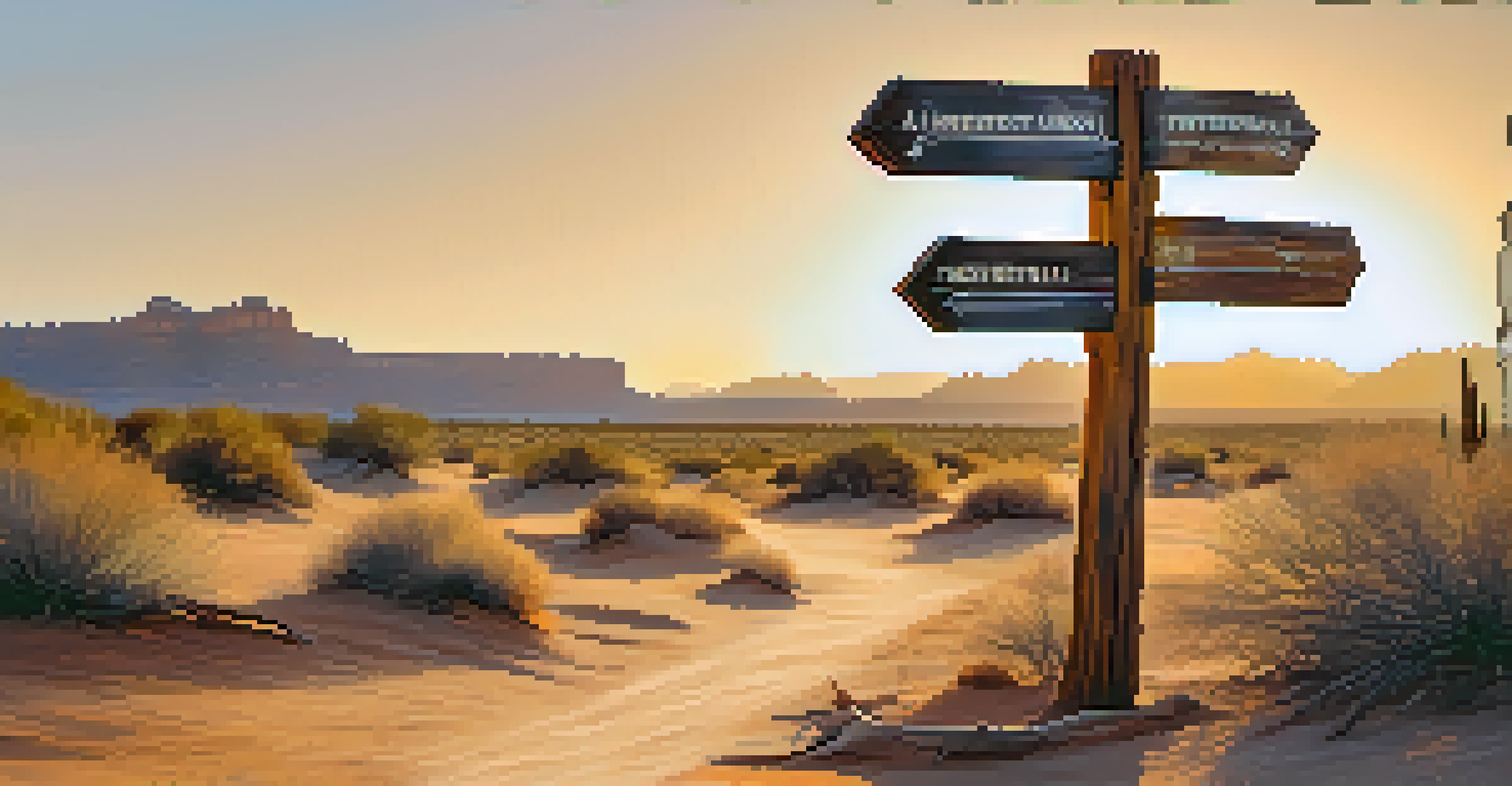 A close-up of a weathered wooden signpost at a dusty trail in Arizona, with directional arrows and a blurred desert landscape in the background.