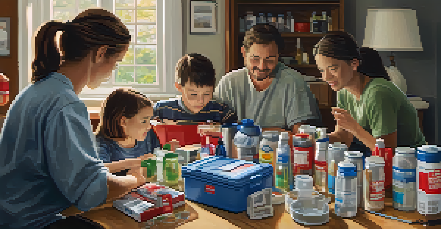 A family preparing an emergency kit at home, surrounded by essential supplies and engaging in a collaborative discussion.
