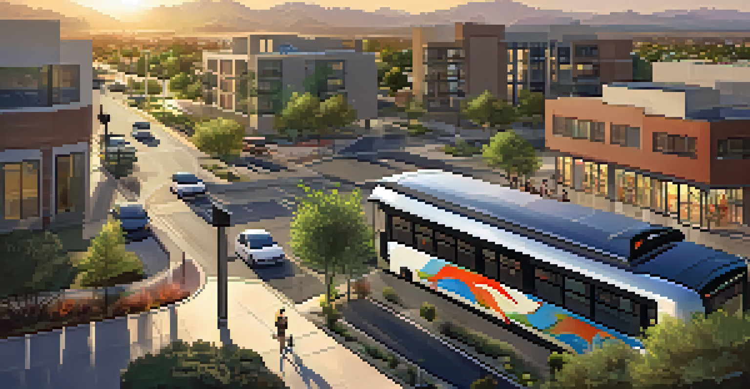 An overhead view of a bus rapid transit system in Arizona, showing dedicated lanes, modern buses, and green spaces during sunset.