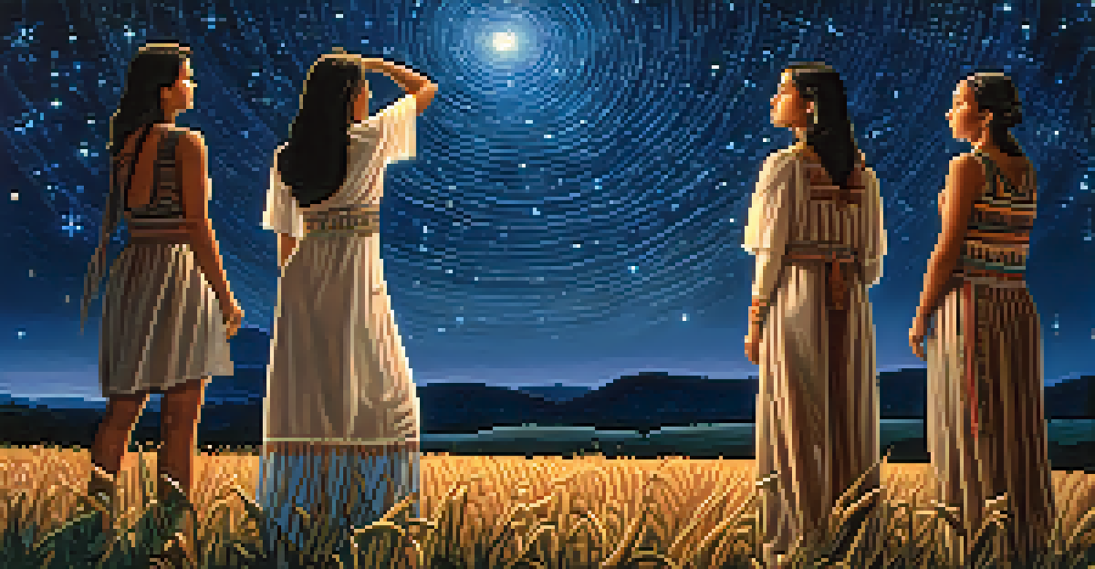 Seven stars in the Pleiades cluster above Native American figures in a cornfield, under a moonlit night sky.