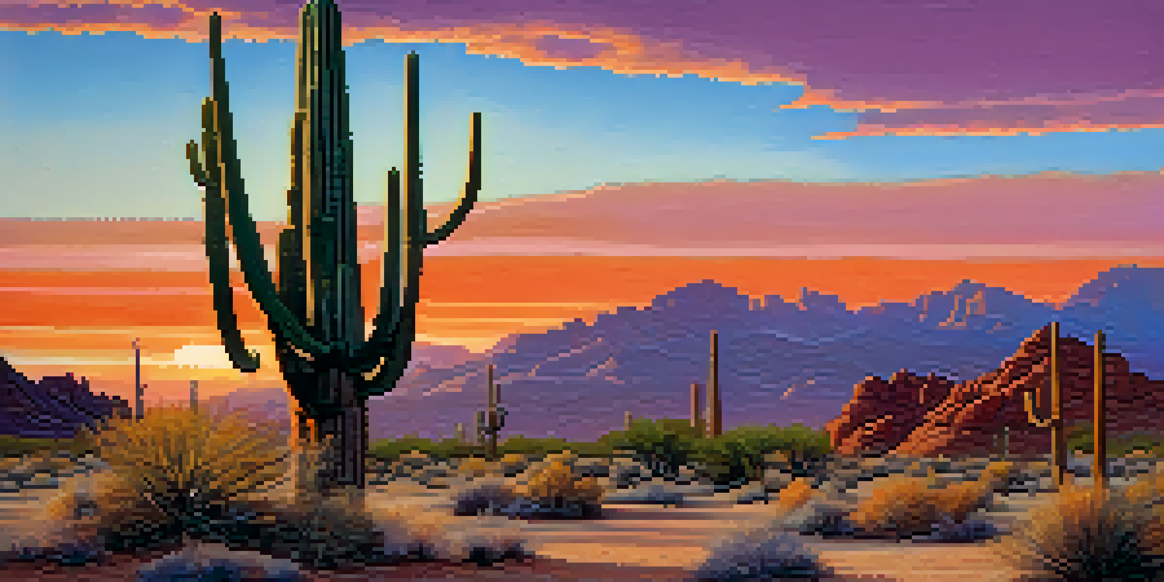 A breathtaking view of the Arizona desert during sunset, featuring colorful skies and rocky formations.