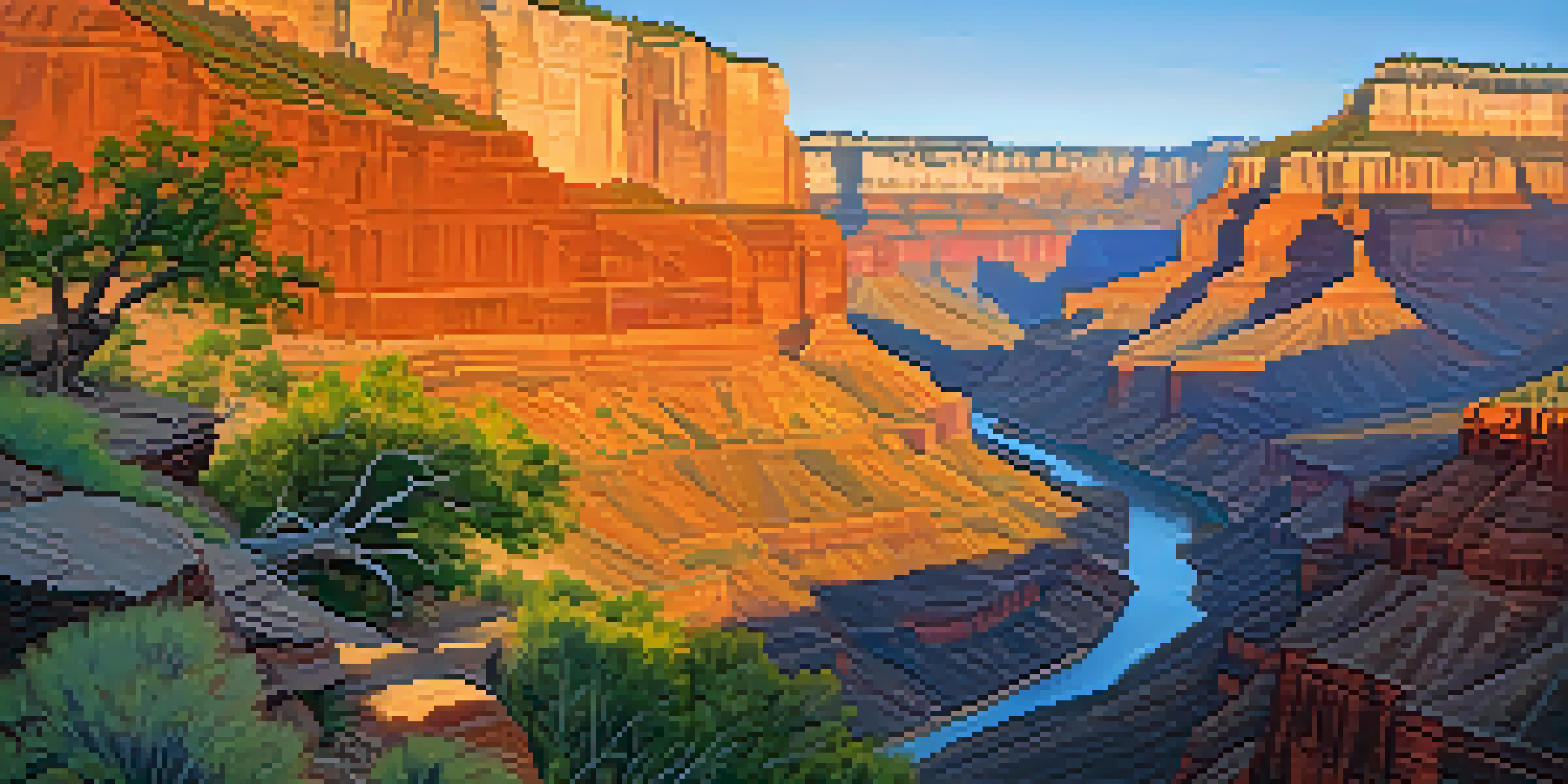 A stunning sunrise over the Grand Canyon, with colorful rock formations and the river below.