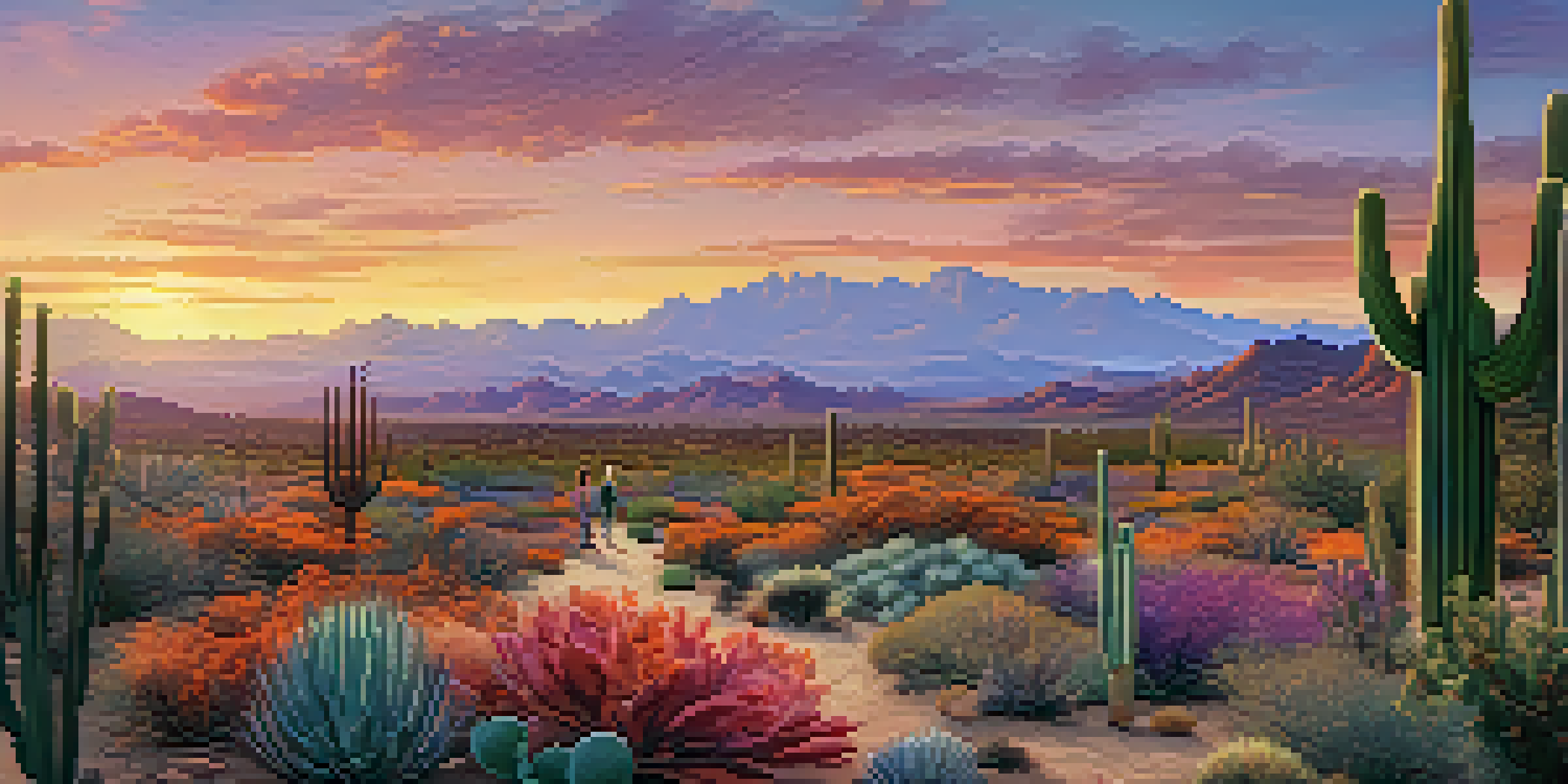 A scenic Arizona desert landscape at sunset with diverse community members working together on a sustainable garden project.