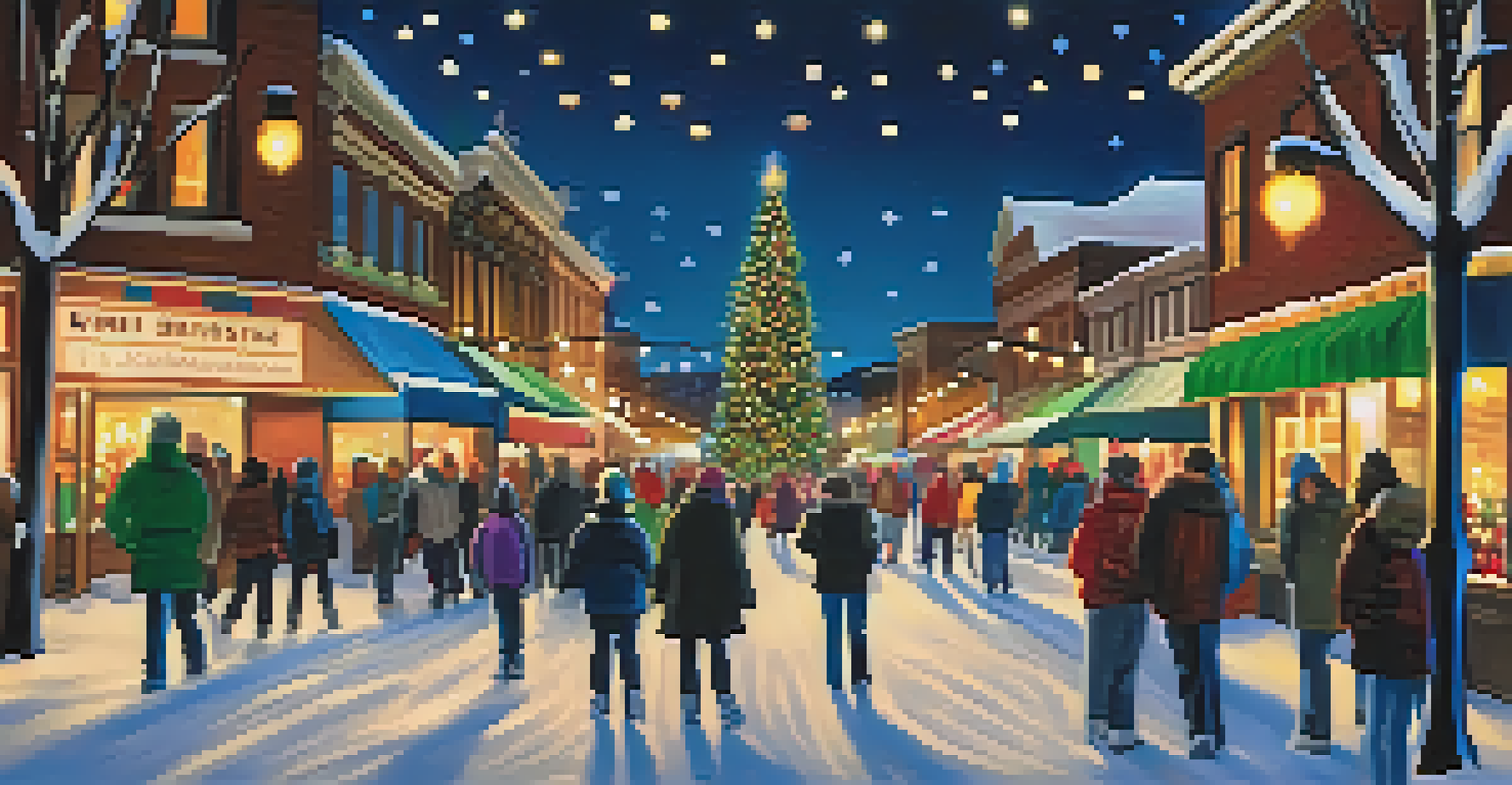Downtown Flagstaff during the Festival of Lights, with snow-covered streets and colorful light displays, bustling with visitors enjoying holiday festivities.