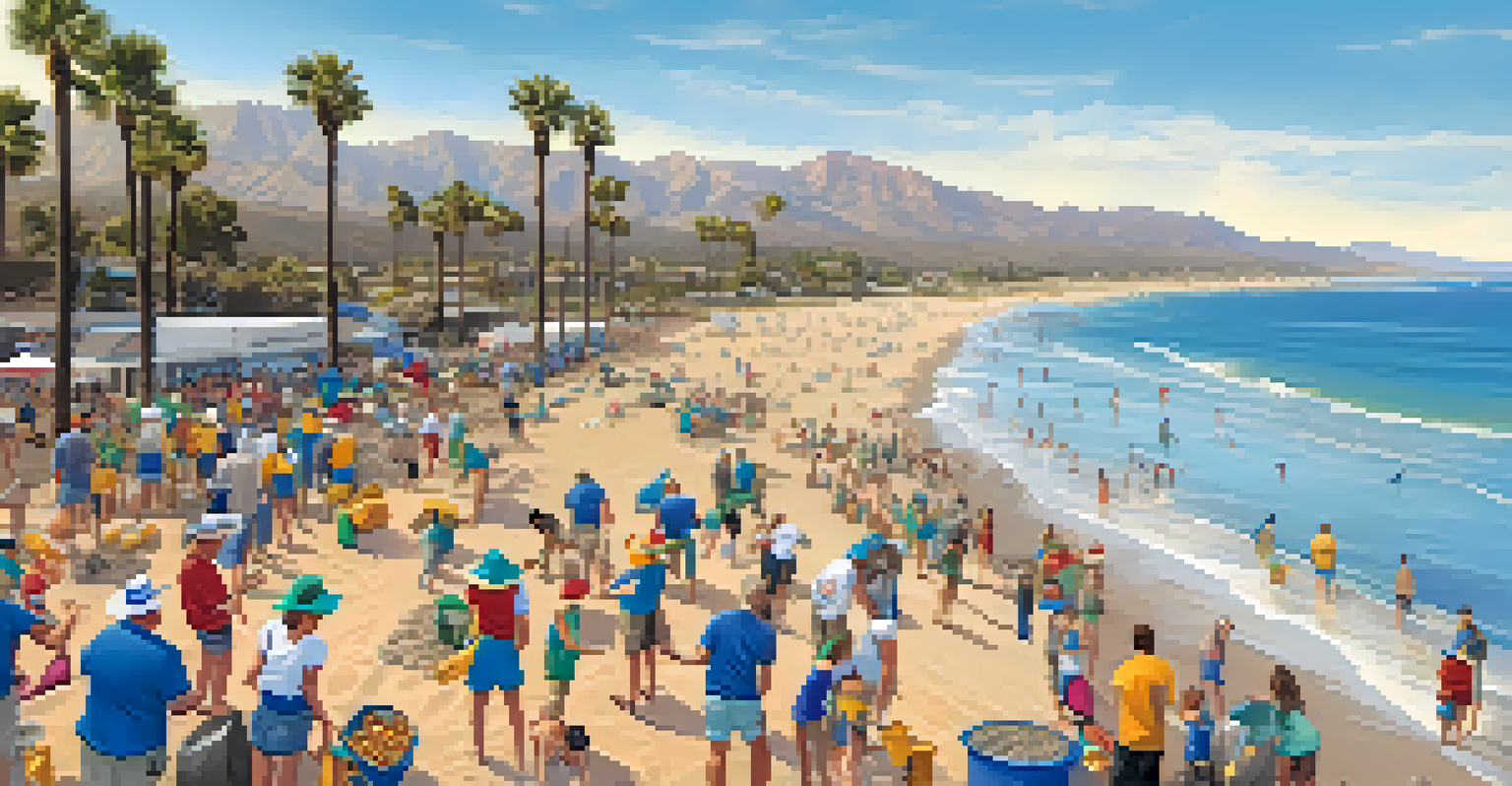 Aerial view of volunteers cleaning up a beach, with the ocean and sandy shoreline in view.