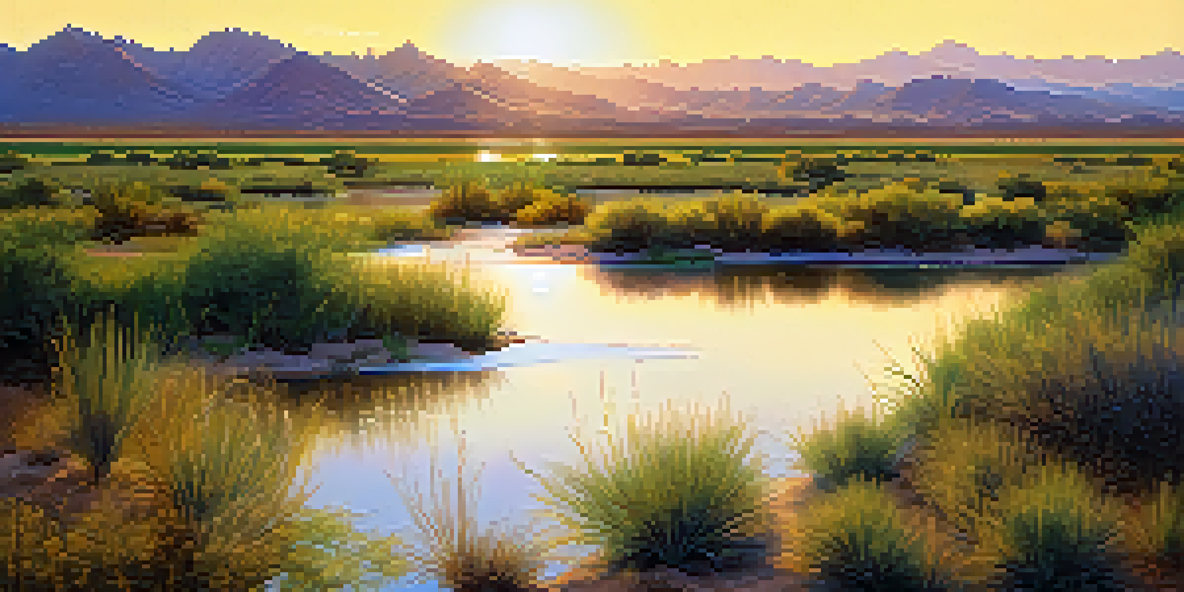 A peaceful Arizona landscape showing wetlands and desert plants, illuminated by soft sunset light.