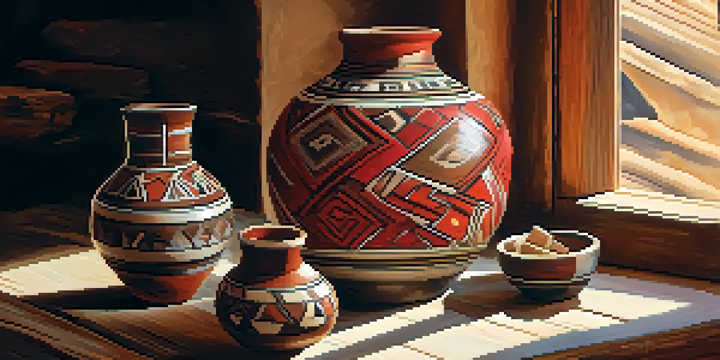 A close-up of a Navajo pottery piece with intricate designs, displayed on a wooden table with natural light.