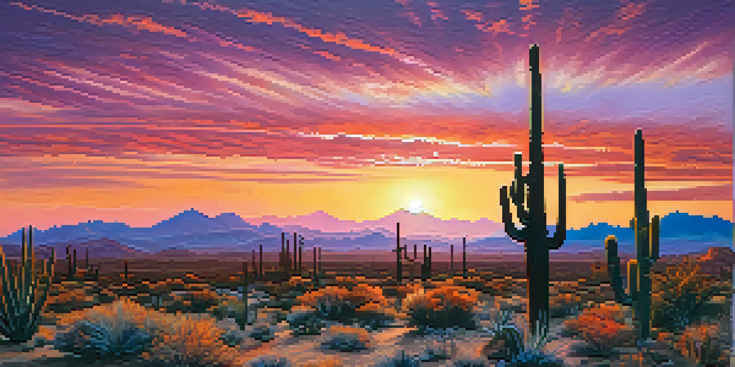 A colorful sunset in the Arizona desert with silhouetted cacti and mountains in the background.