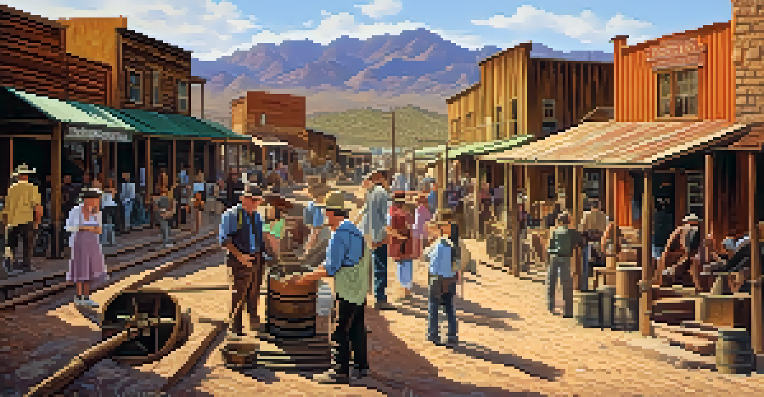 Visitors enjoying gold panning at Goldfield Ghost Town, with colorful buildings and mountains in the background.