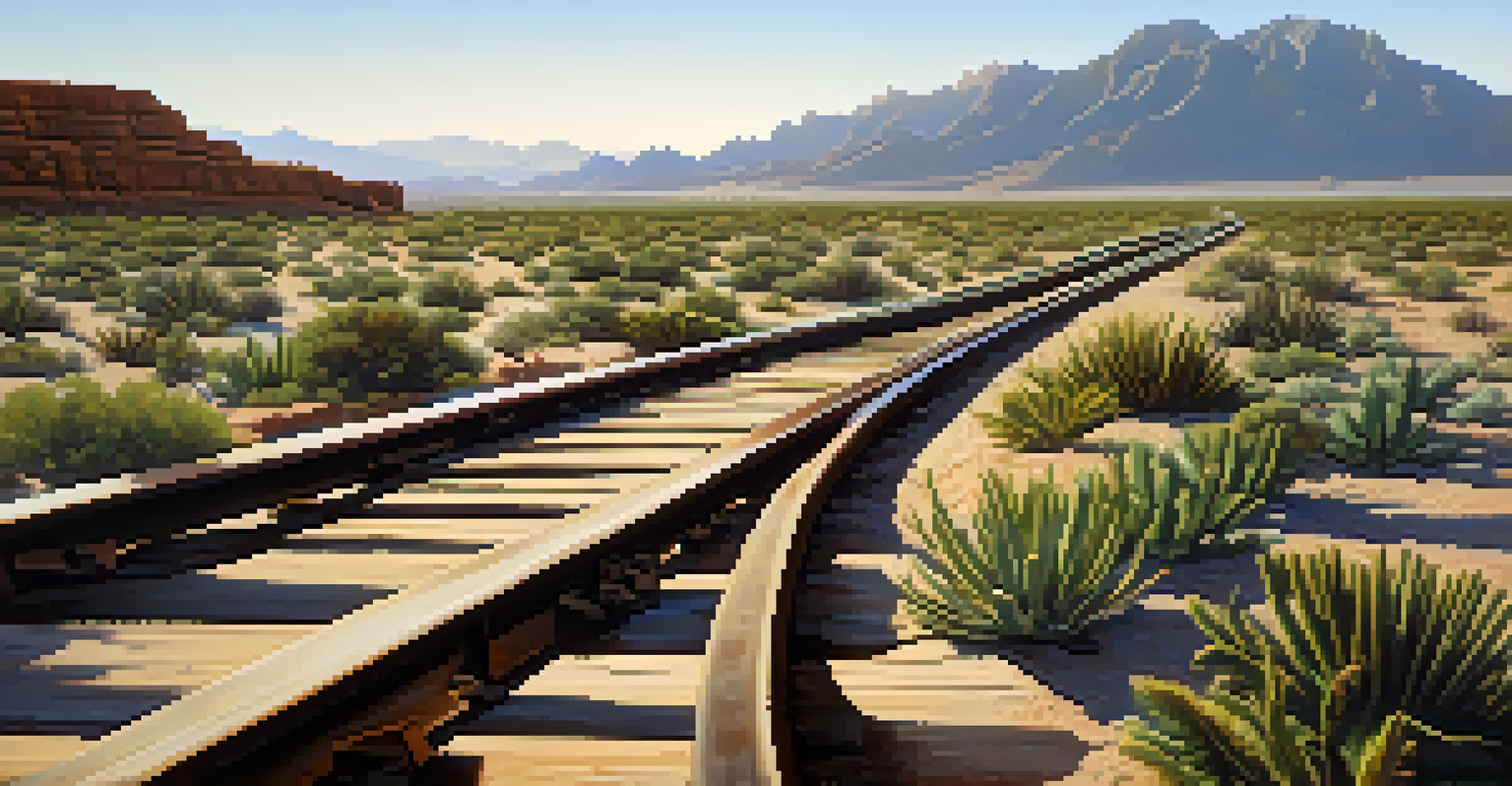 Close-up of weathered railroad tracks curving through a desert landscape with plants and mountains in the background.