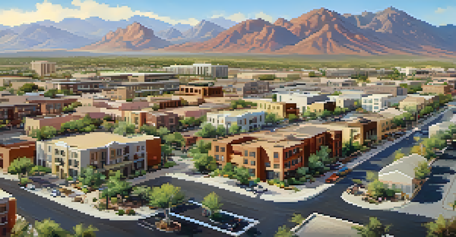 Aerial view of an Arizona city with a mix of homes and healthcare facilities, showing families and older adults in the community.