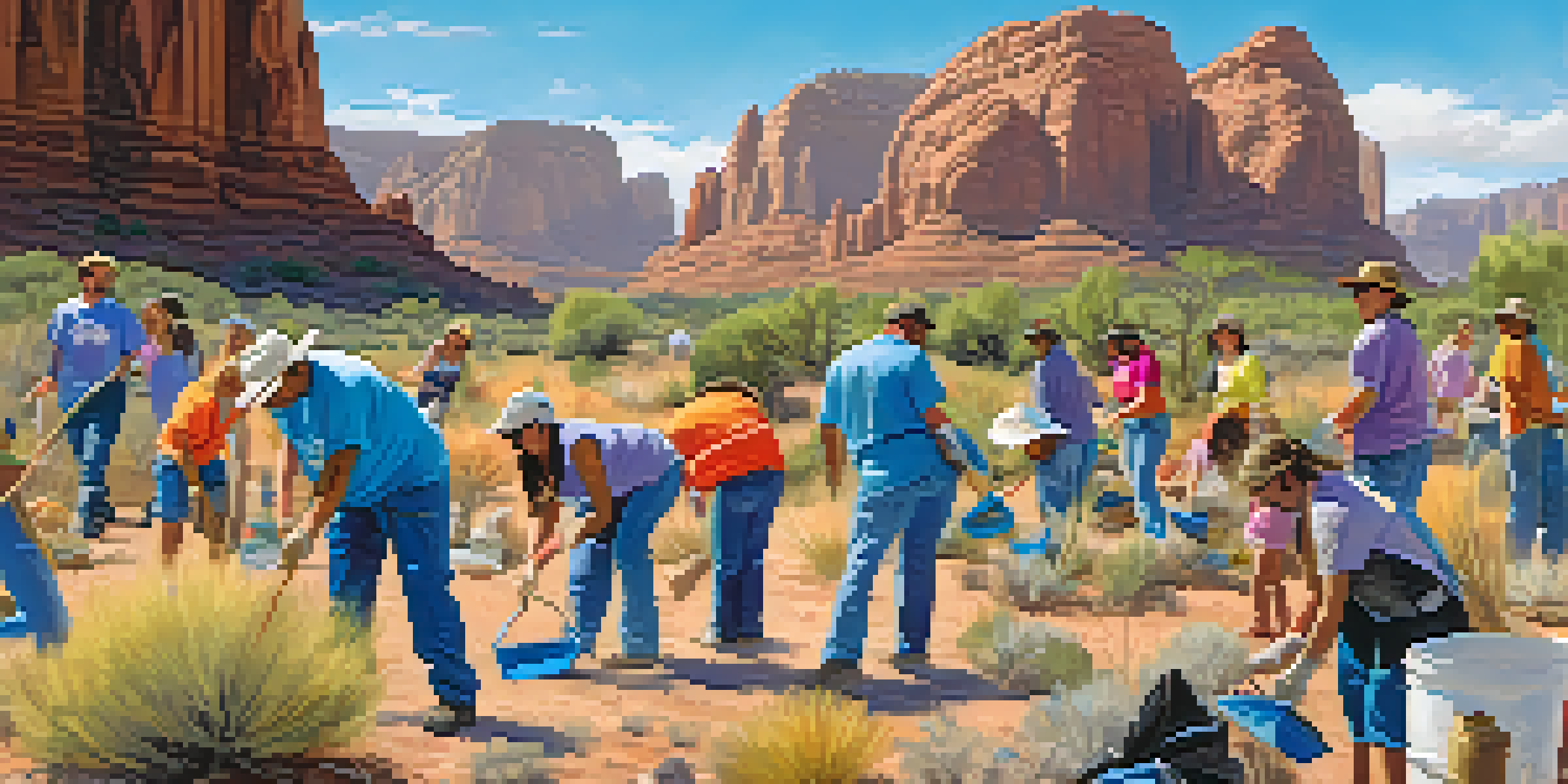 A community clean-up event in Arizona with diverse residents working together to enhance the local landscape.