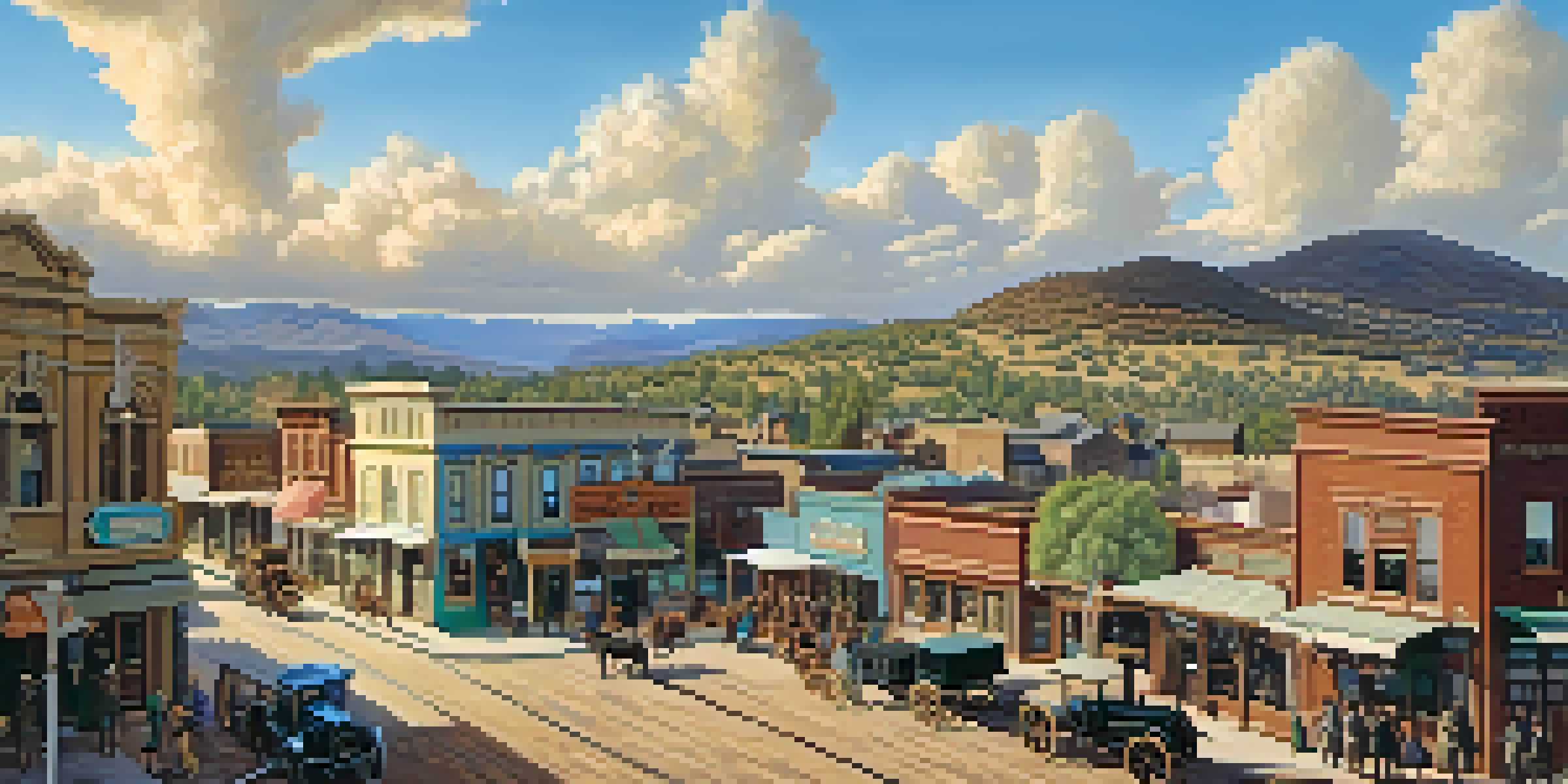 A historical view of Prescott, Arizona, showcasing a bustling mining town with wooden buildings and miners in period attire under a bright blue sky.