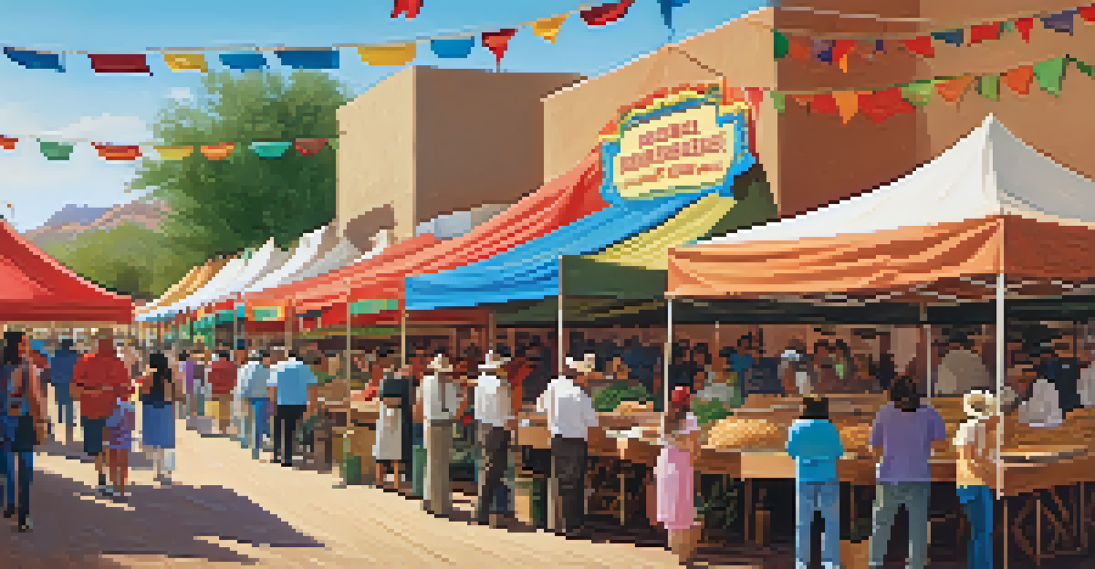 A lively food festival showcasing traditional dishes like frybread and tamales, with colorful stalls and happy attendees.