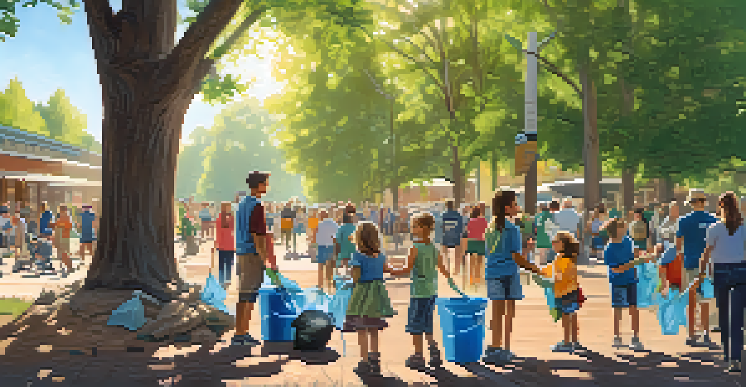 Residents participating in a Community Cleanup Day in a park in Flagstaff, with banners promoting recycling.