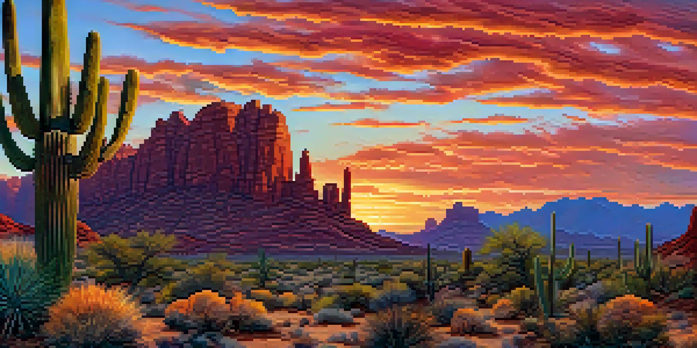 A sunset over the Arizona desert, featuring cacti and rock formations silhouetted against a colorful sky.