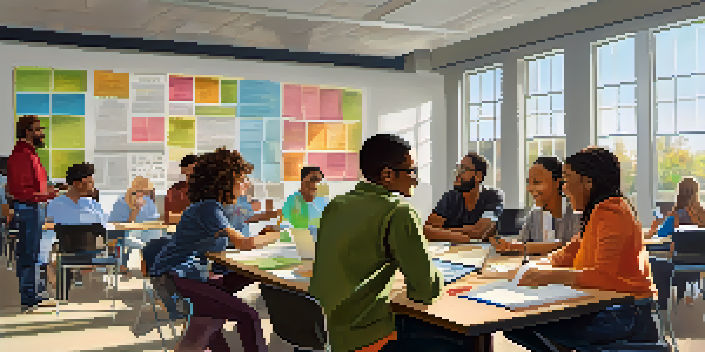 A group of diverse adult students collaborating in a community college classroom, surrounded by laptops and notebooks, with bright natural light coming from windows.