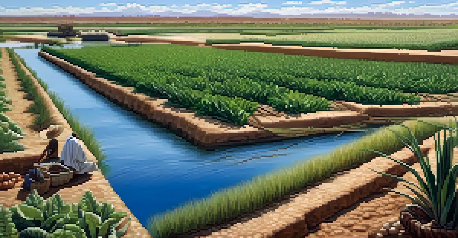 Scenic view of a reconstructed Hohokam canal with crops and indigenous people farming under a blue sky with clouds.