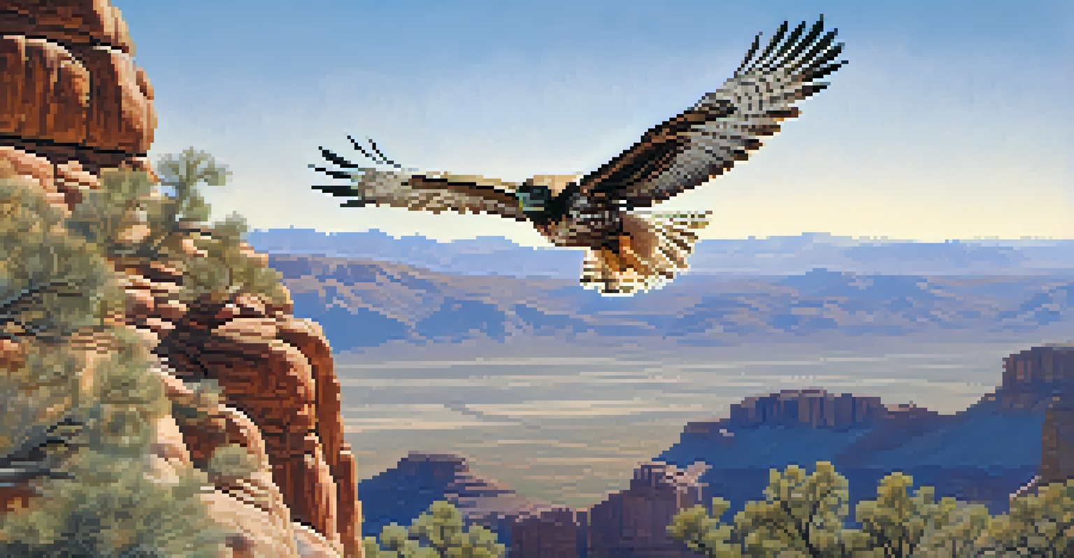 A hawk flying in a clear sky above the Arizona landscape, showcasing its wings and the mountainous background.