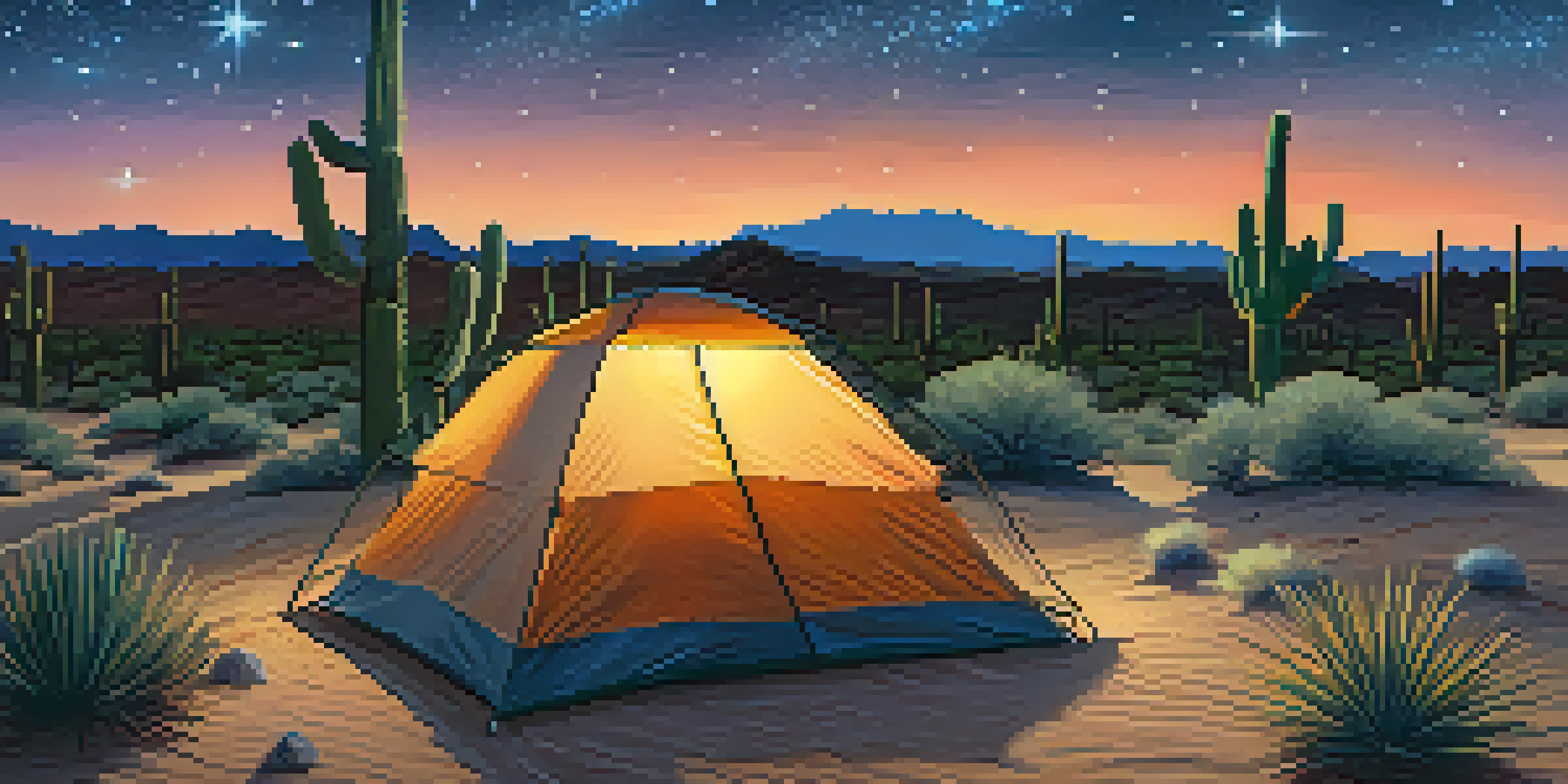 A tranquil desert scene at night with a blanket on the ground, stars and the Milky Way overhead, silhouettes of saguaro cacti, and a glowing campfire.