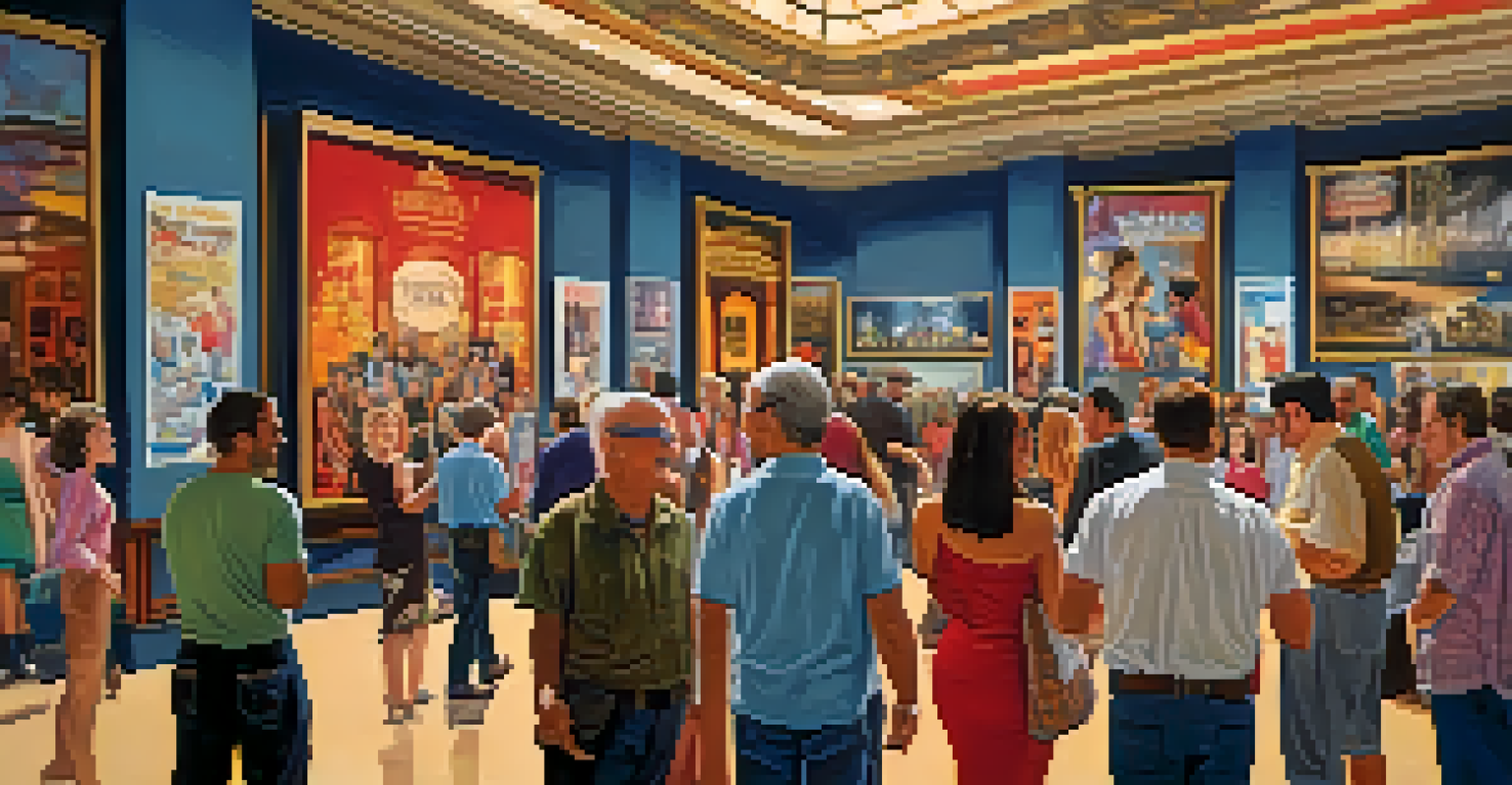 A lively theater lobby with people chatting and looking at production posters before a show.