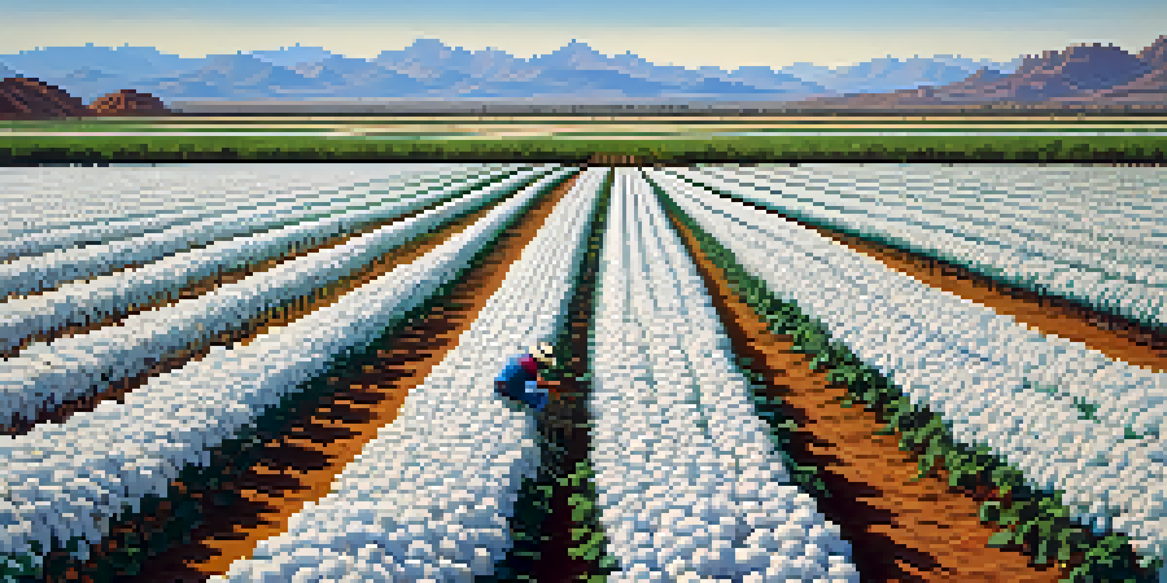 A farmer inspecting cotton plants in Arizona's agricultural landscape, with mountains and a blue sky in the background.