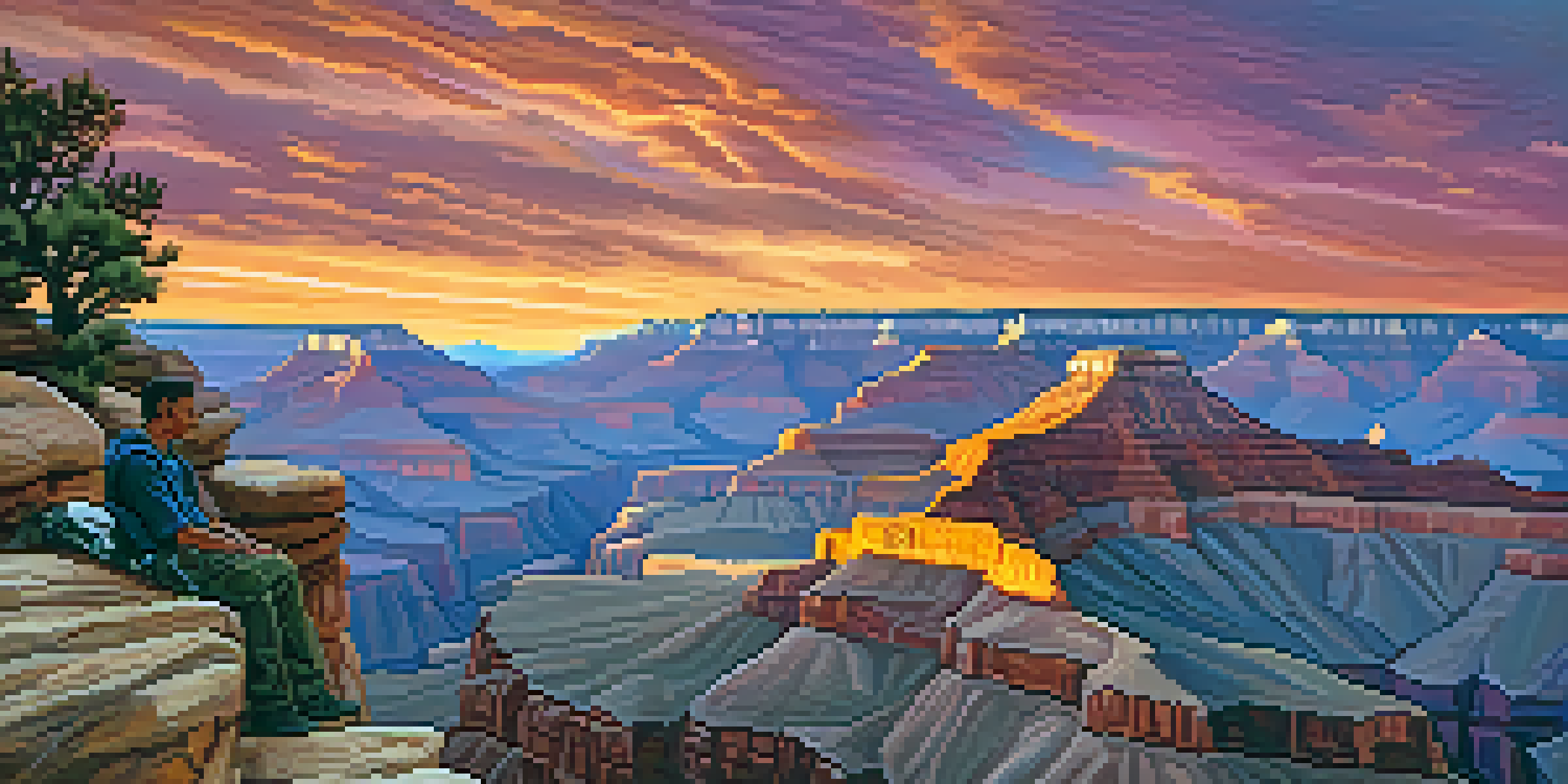 A silhouette of a hiker at sunset, overlooking the Grand Canyon with vibrant colors in the sky.