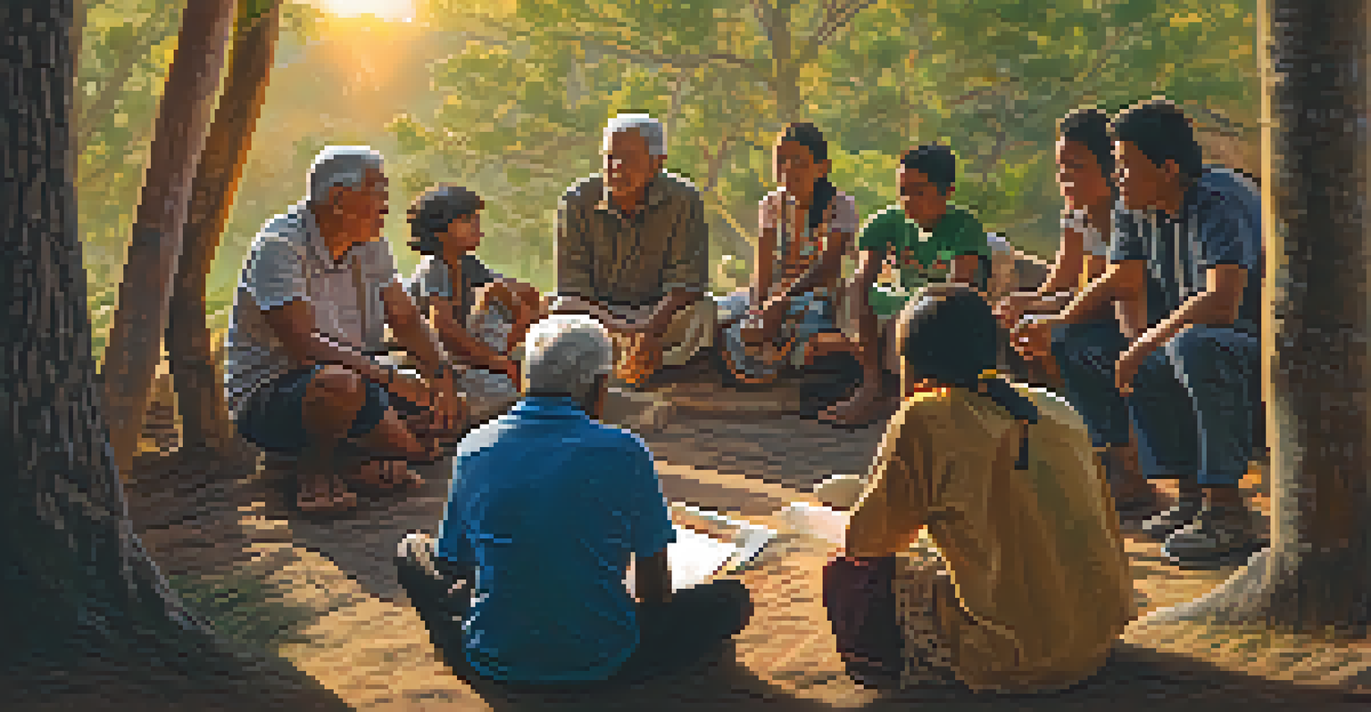 An elder sharing stories in their native language with young learners during a community gathering, illuminated by warm sunset light.